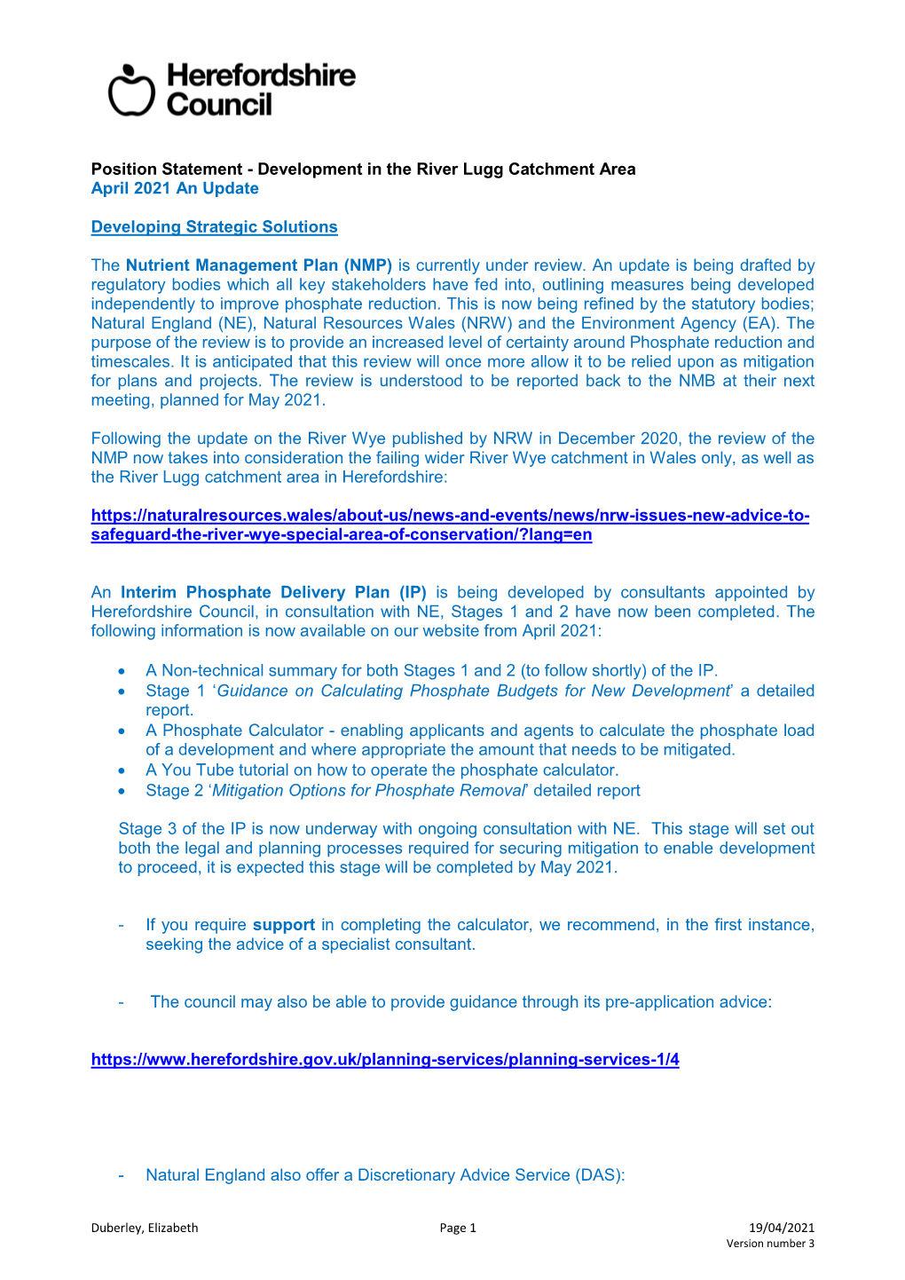 Position Statement for Development in the River Lugg Catchment Area April