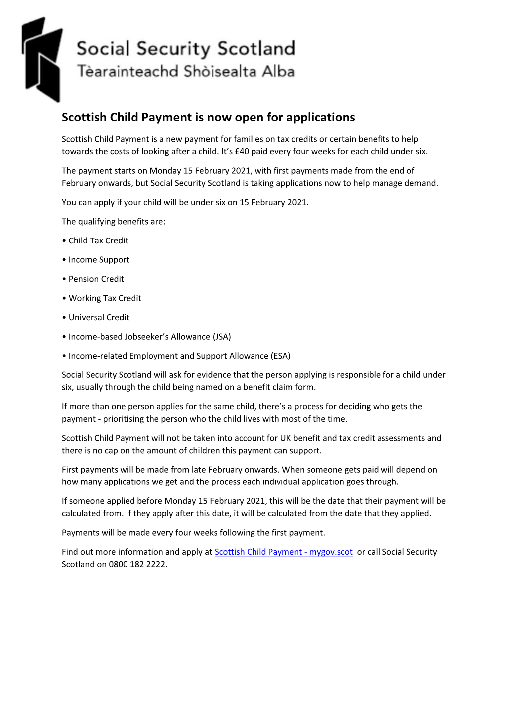 Scottish Child Payment Is Now Open for Applications