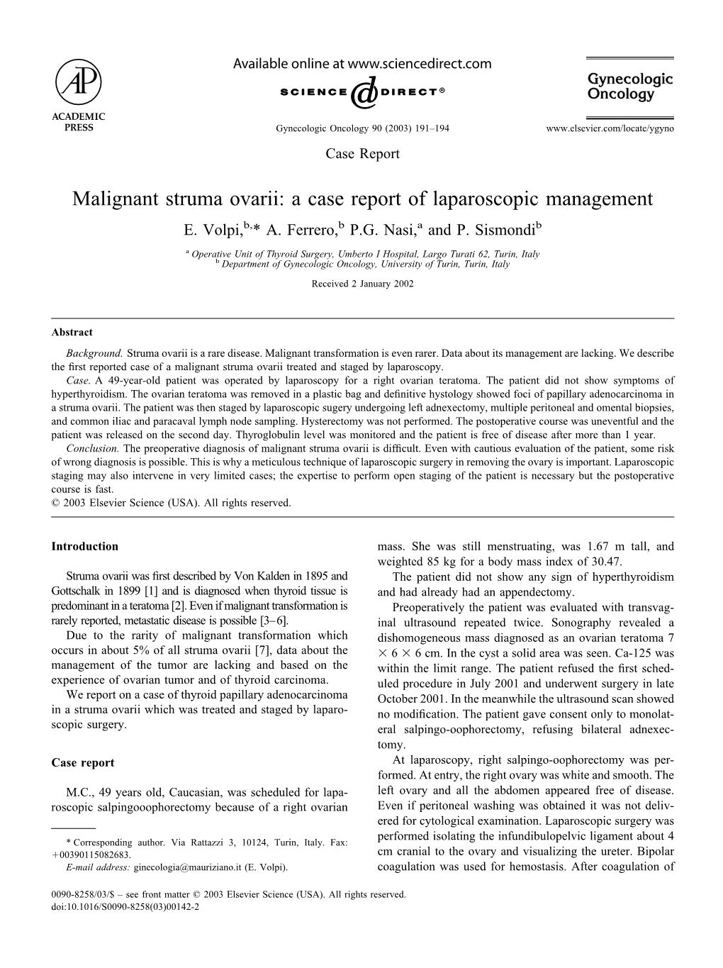 Malignant Struma Ovarii: a Case Report of Laparoscopic Management E