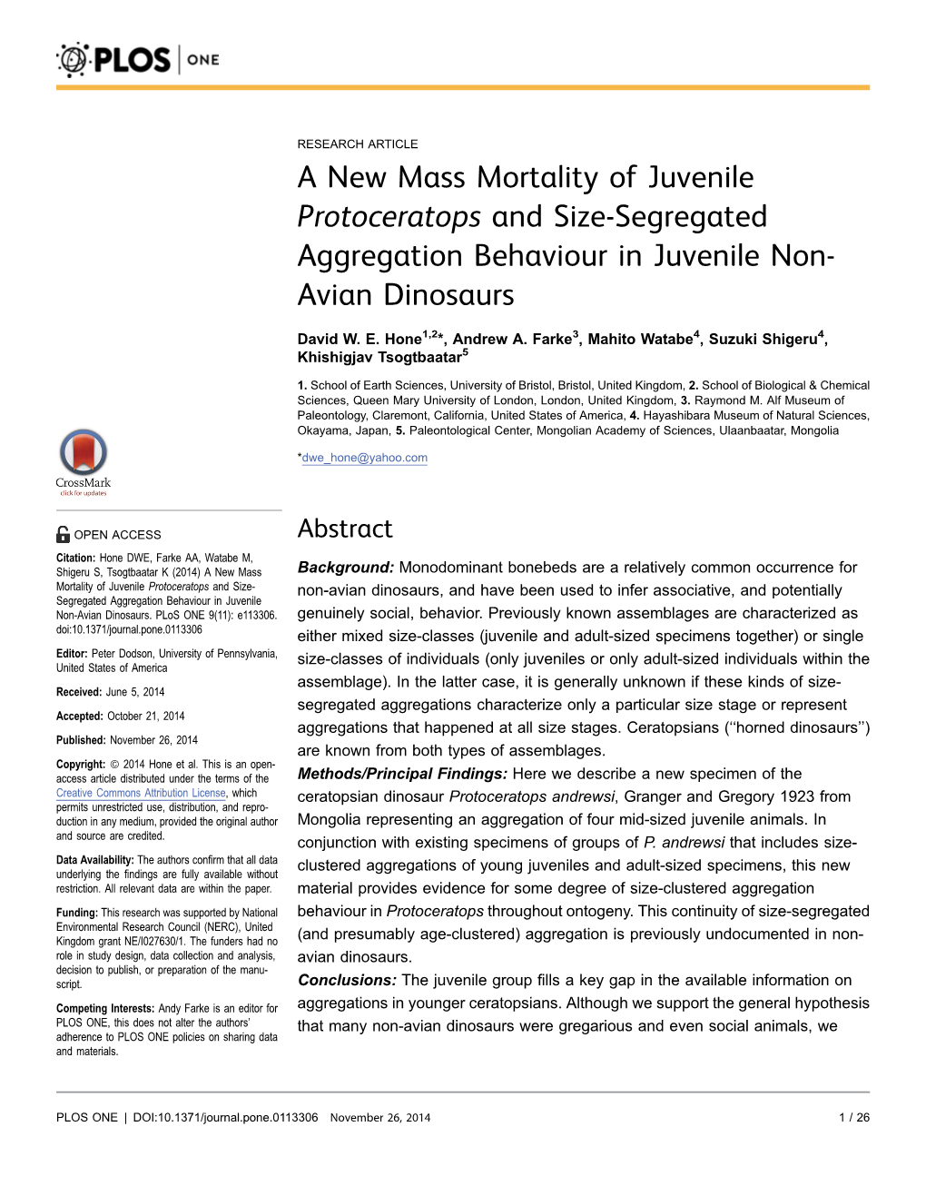 A New Mass Mortality of Juvenile Protoceratops and Size-Segregated Aggregation Behaviour in Juvenile Non- Avian Dinosaurs