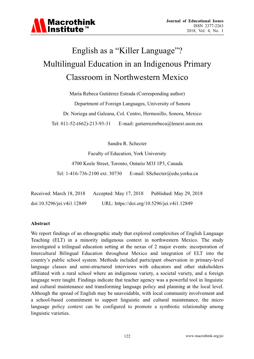 “Killer Language”? Multilingual Education in an Indigenous Primary Classroom in Northwestern Mexico