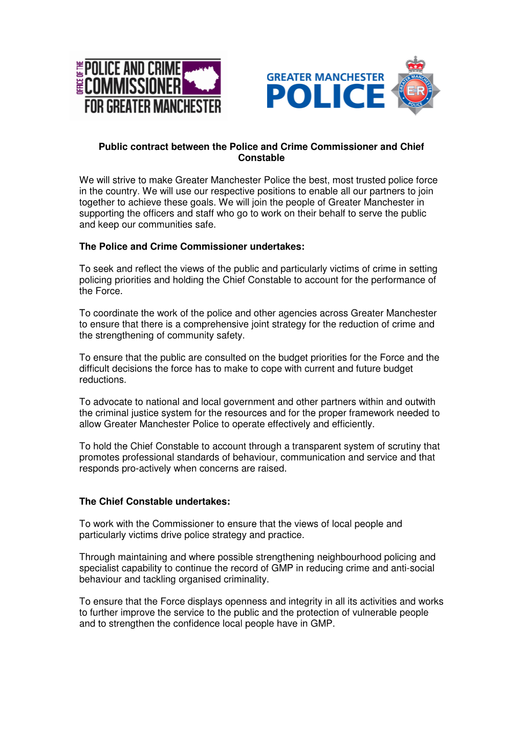 Public Contract Between the Police and Crime Commissioner and Chief Constable