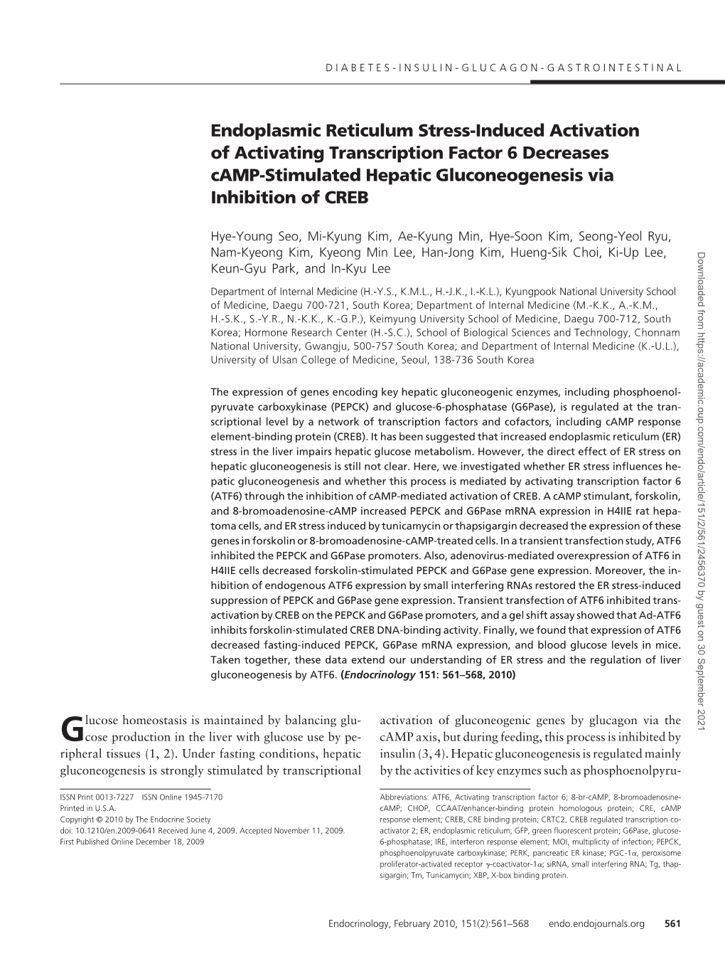 Endoplasmic Reticulum Stress-Induced Activation of Activating Transcription Factor 6 Decreases Camp-Stimulated Hepatic Gluconeogenesis Via Inhibition of CREB