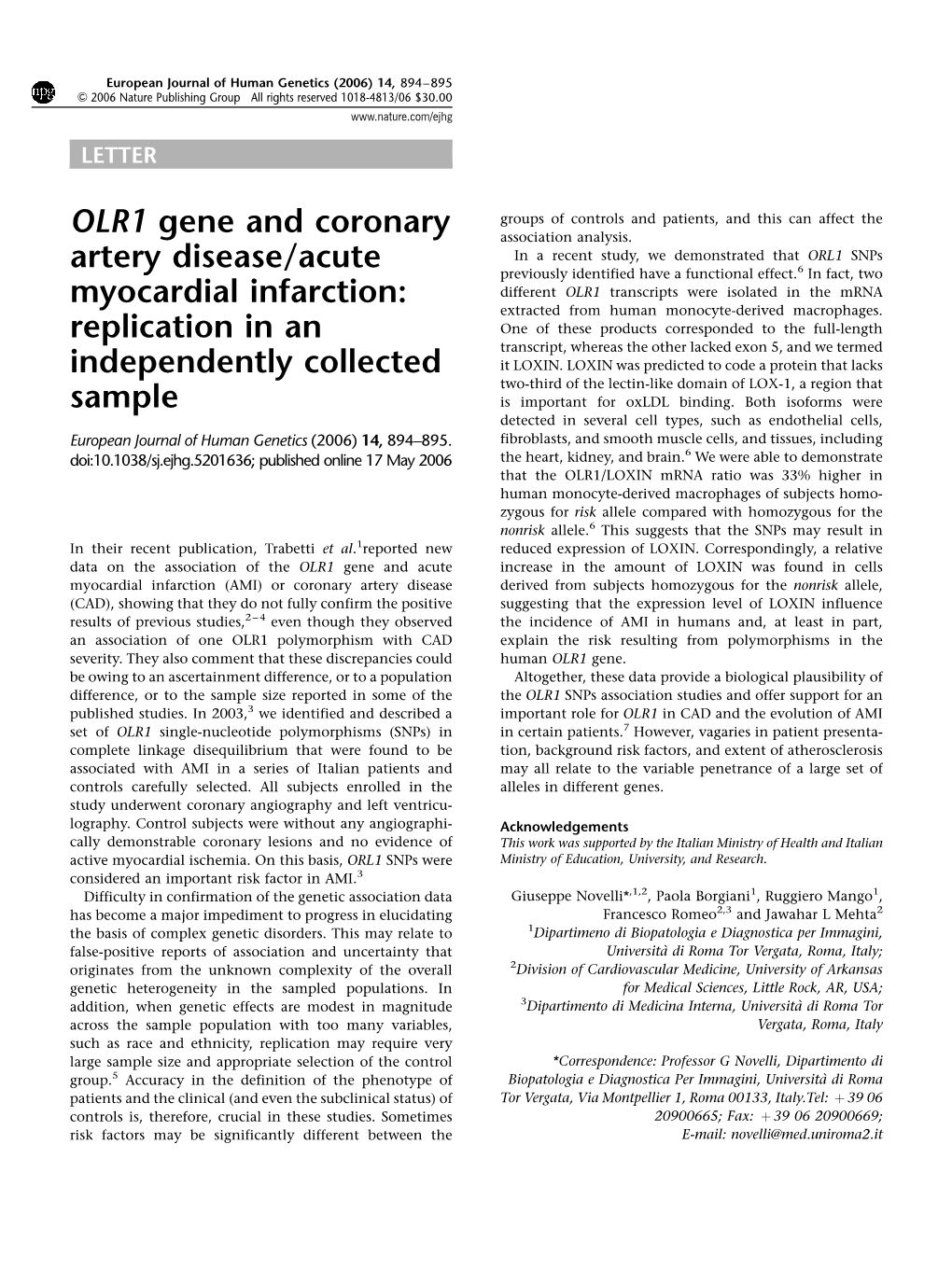 OLR1 Gene and Coronary Artery Disease/Acute Myocardial