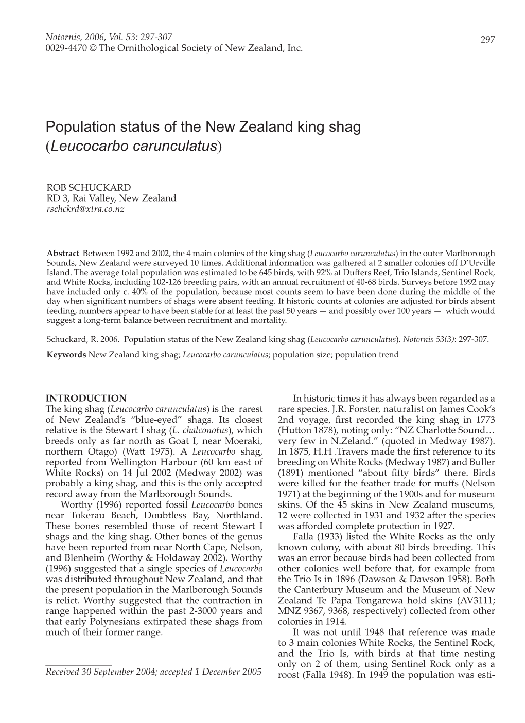 Population Status of the New Zealand King Shag (Leucocarbo Carunculatus)