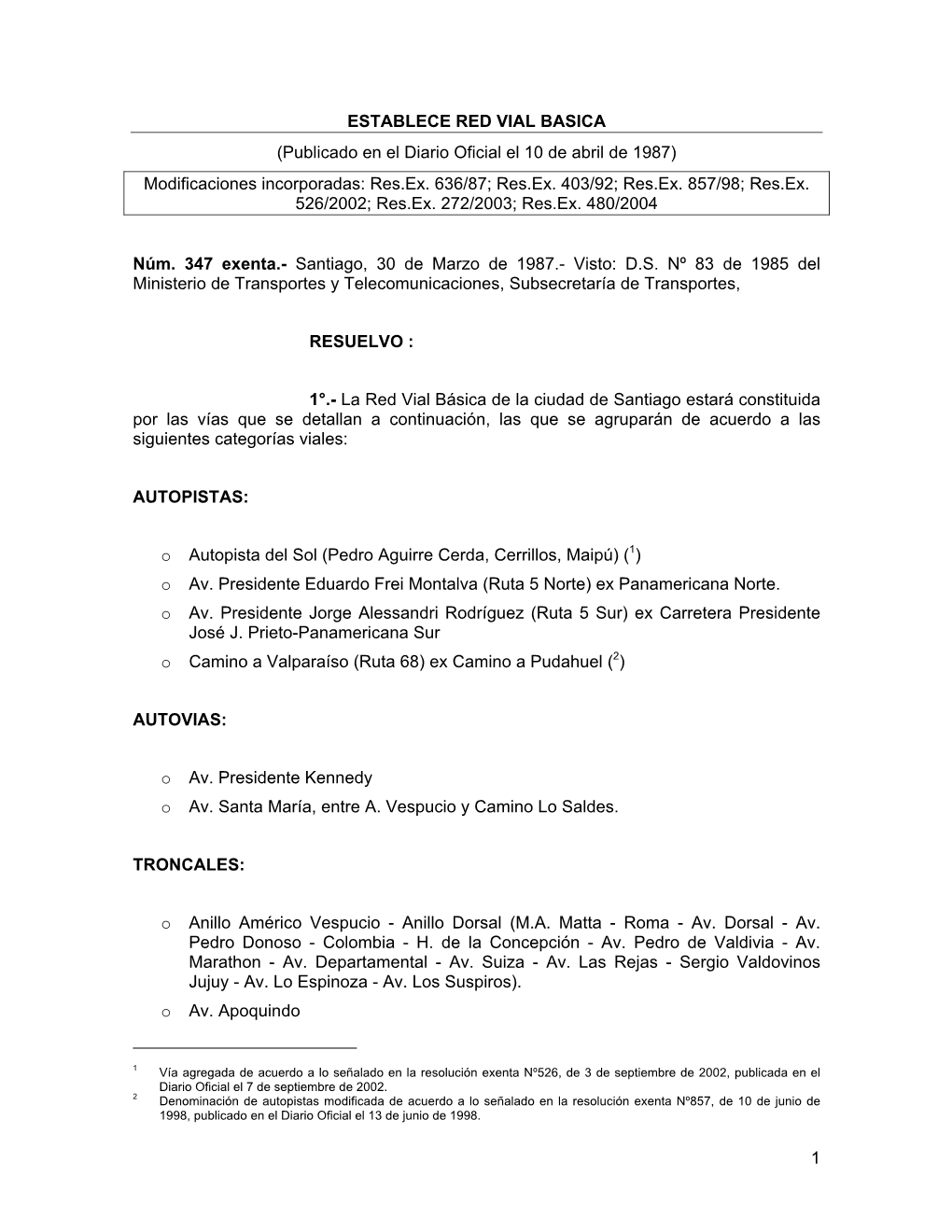 ESTABLECE RED VIAL BASICA (Publicado En El Diario Oficial El 10 De Abril De 1987) Modificaciones Incorporadas: Res.Ex