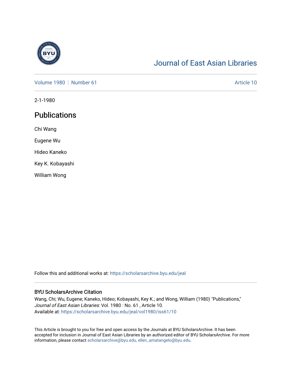 Journal of East Asian Libraries Publications