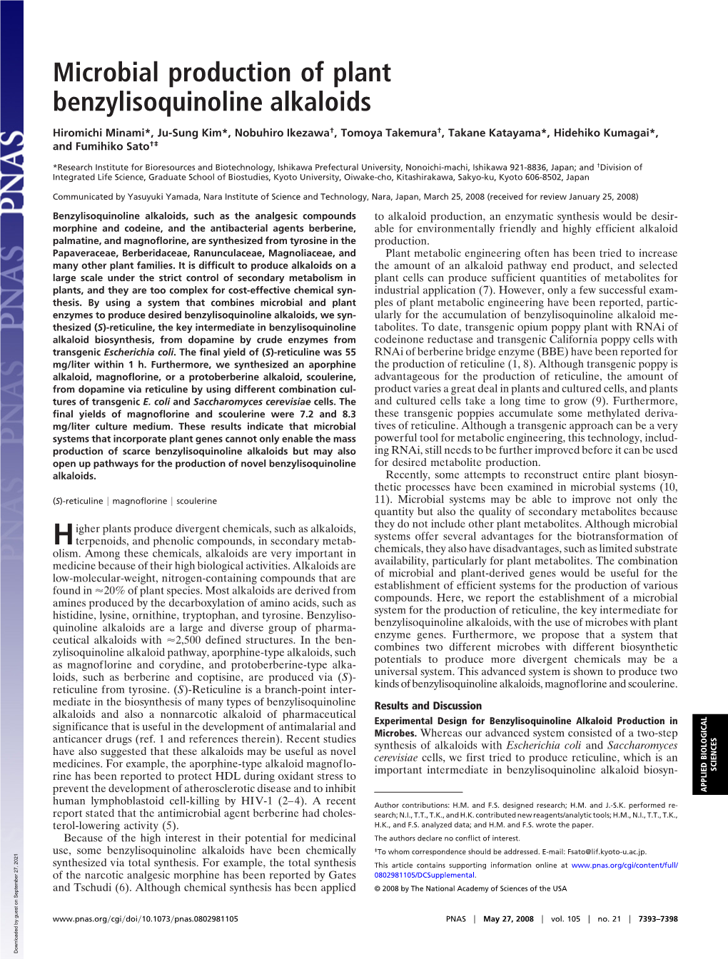 Microbial Production of Plant Benzylisoquinoline Alkaloids