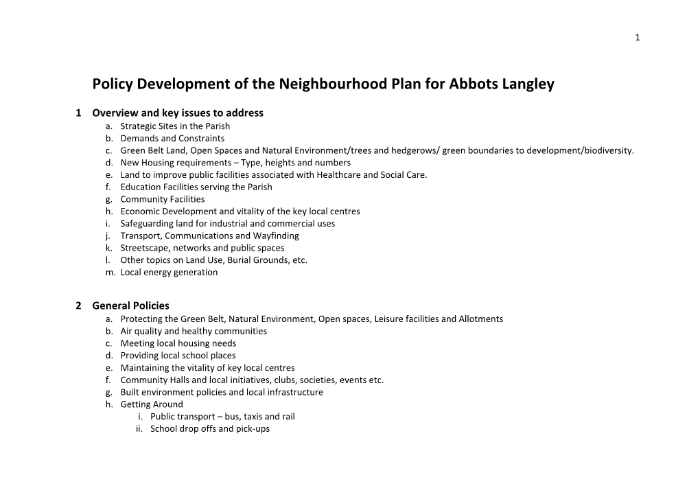 Policy Development of the Neighbourhood Plan for Abbots Langley