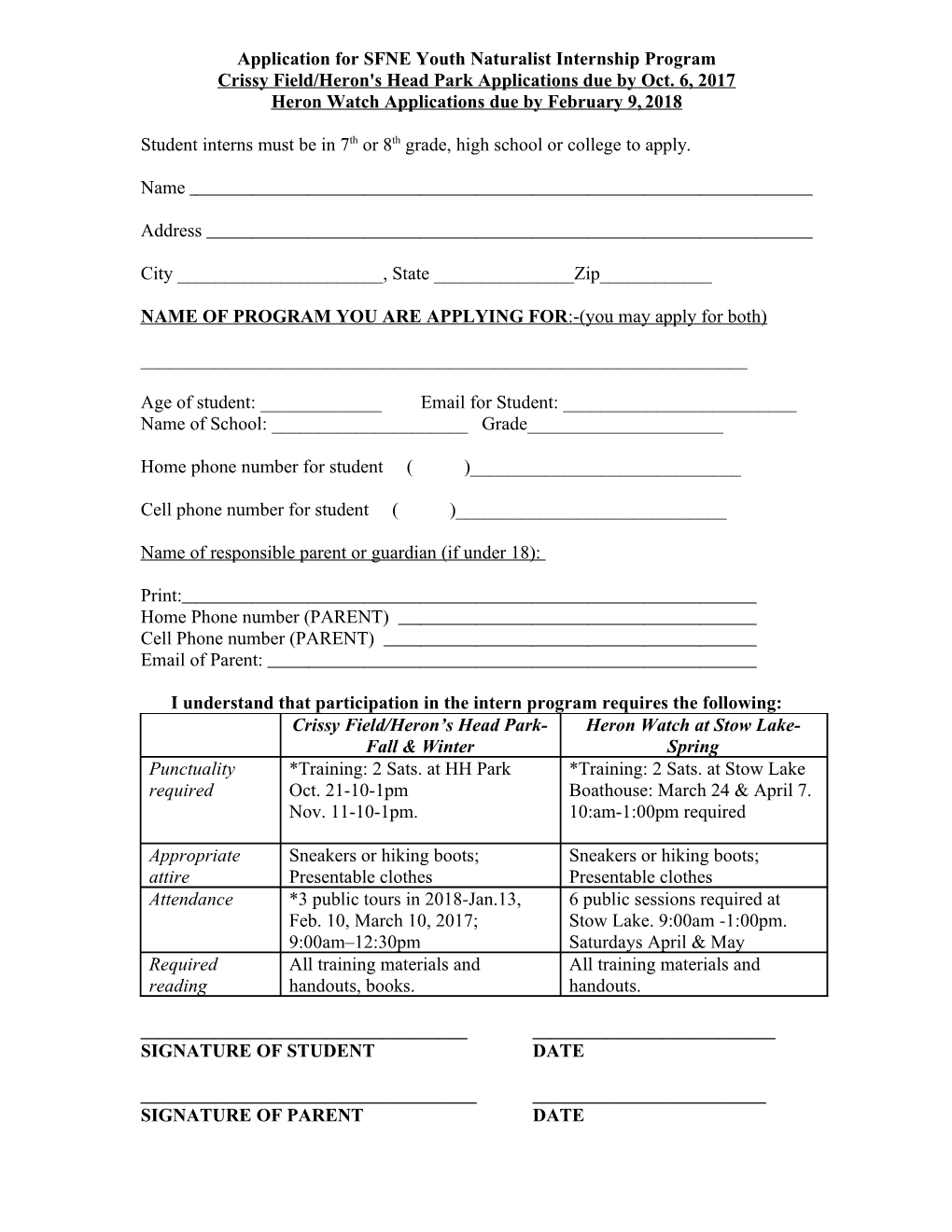 Application for SFNE Youth Naturalist Internship Program