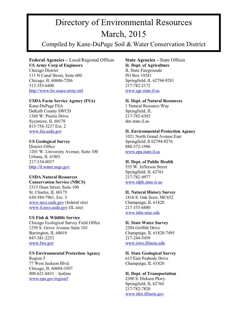 Directory of Environmental Resources March, 2015