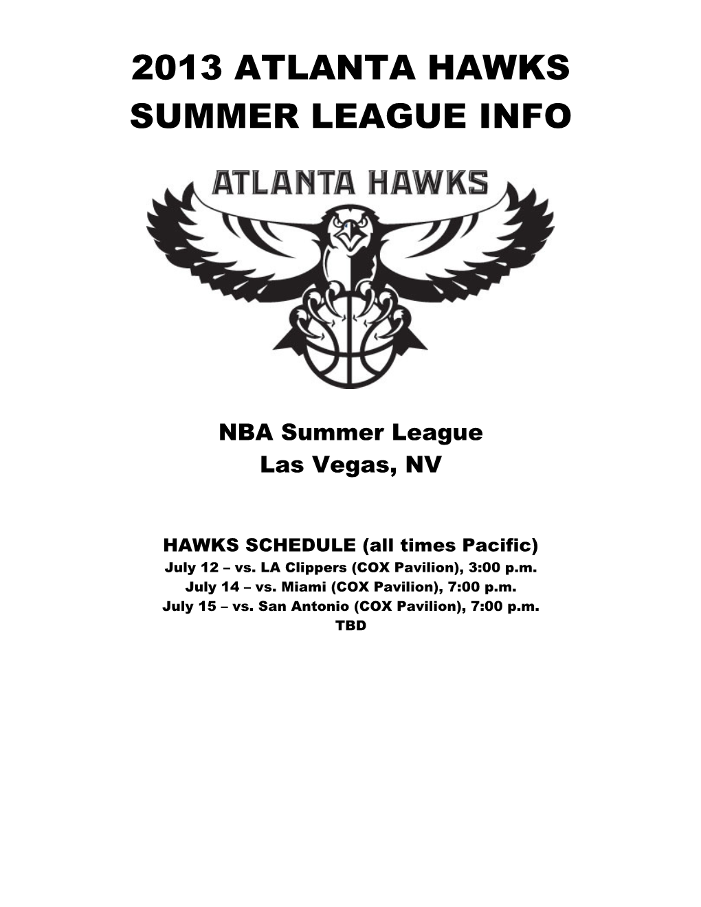 2013 Atlanta Hawks Summer League Info