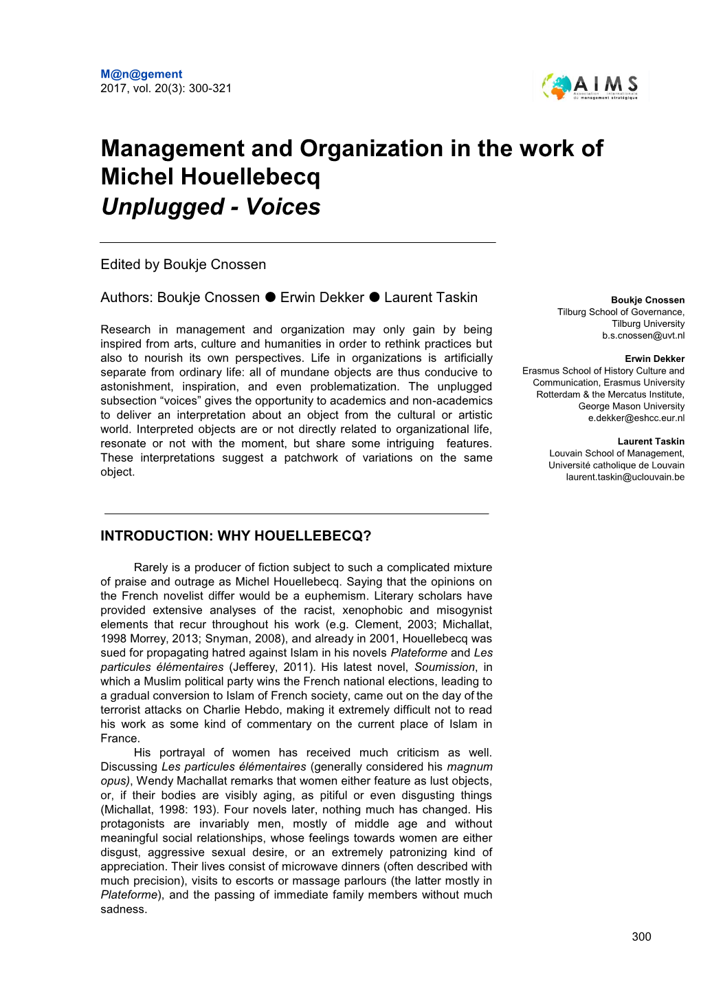Management and Organization in the Work of Michel Houellebecq Unplugged - Voices