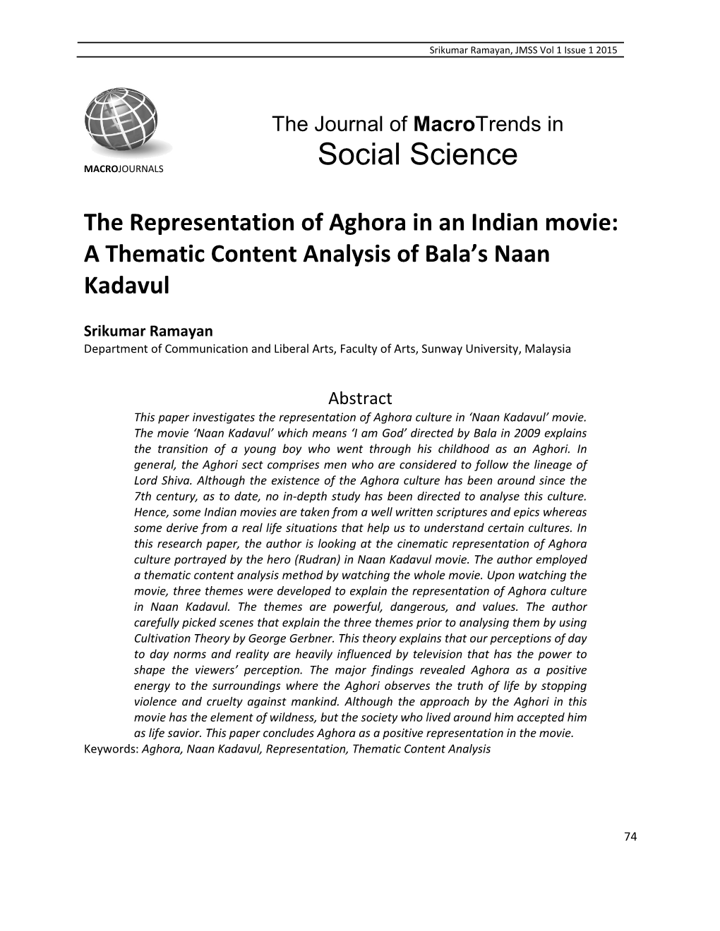 The Representation of Aghora in an Indian Movie: a Thematic Content Analysis of Bala’S Naan Kadavul