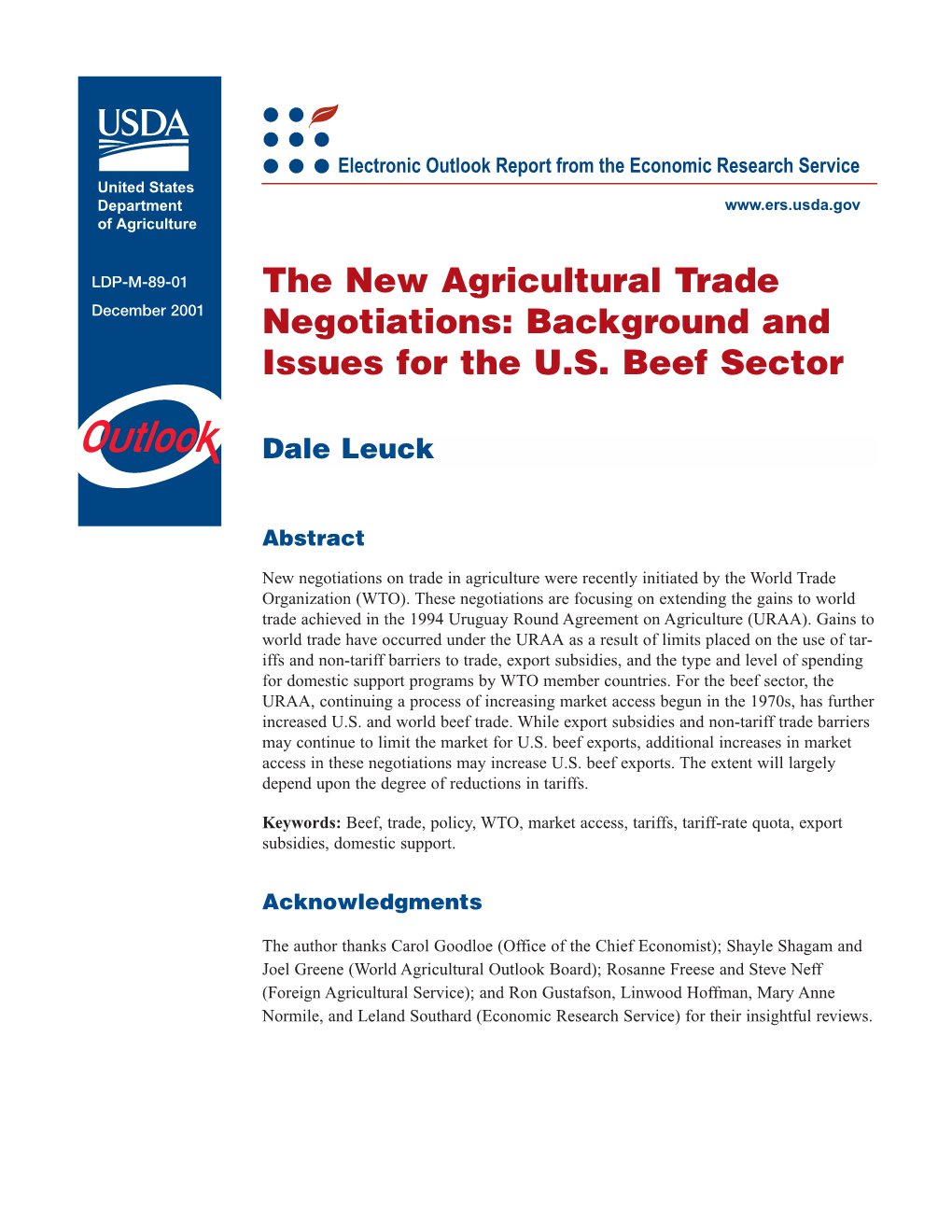 The New Agricultural Trade Negotiations: Background and Issues for the U.S