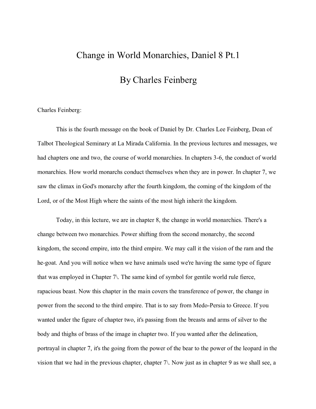 Change in World Monarchies, Daniel 8 Pt.1 by Charles Feinberg