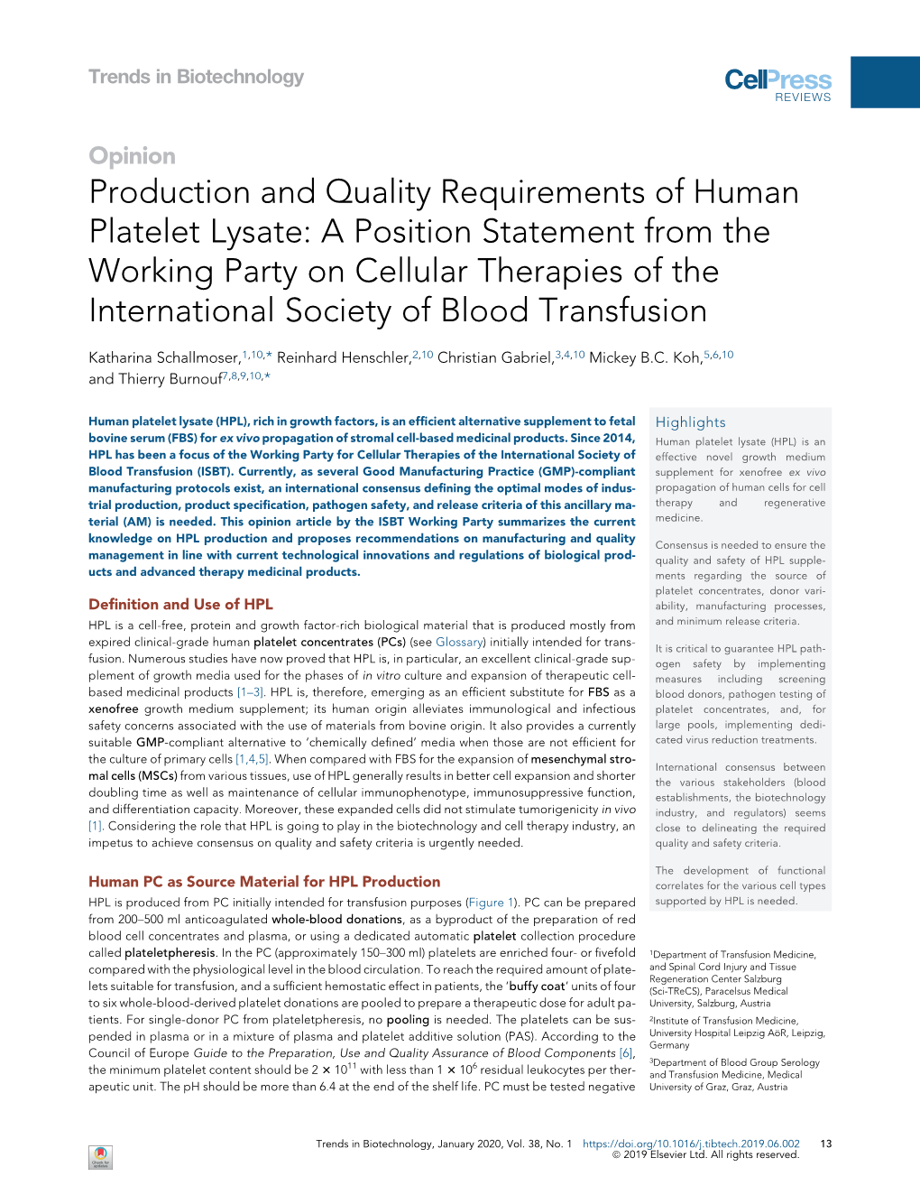 Production and Quality Requirements of Human Platelet Lysate: A