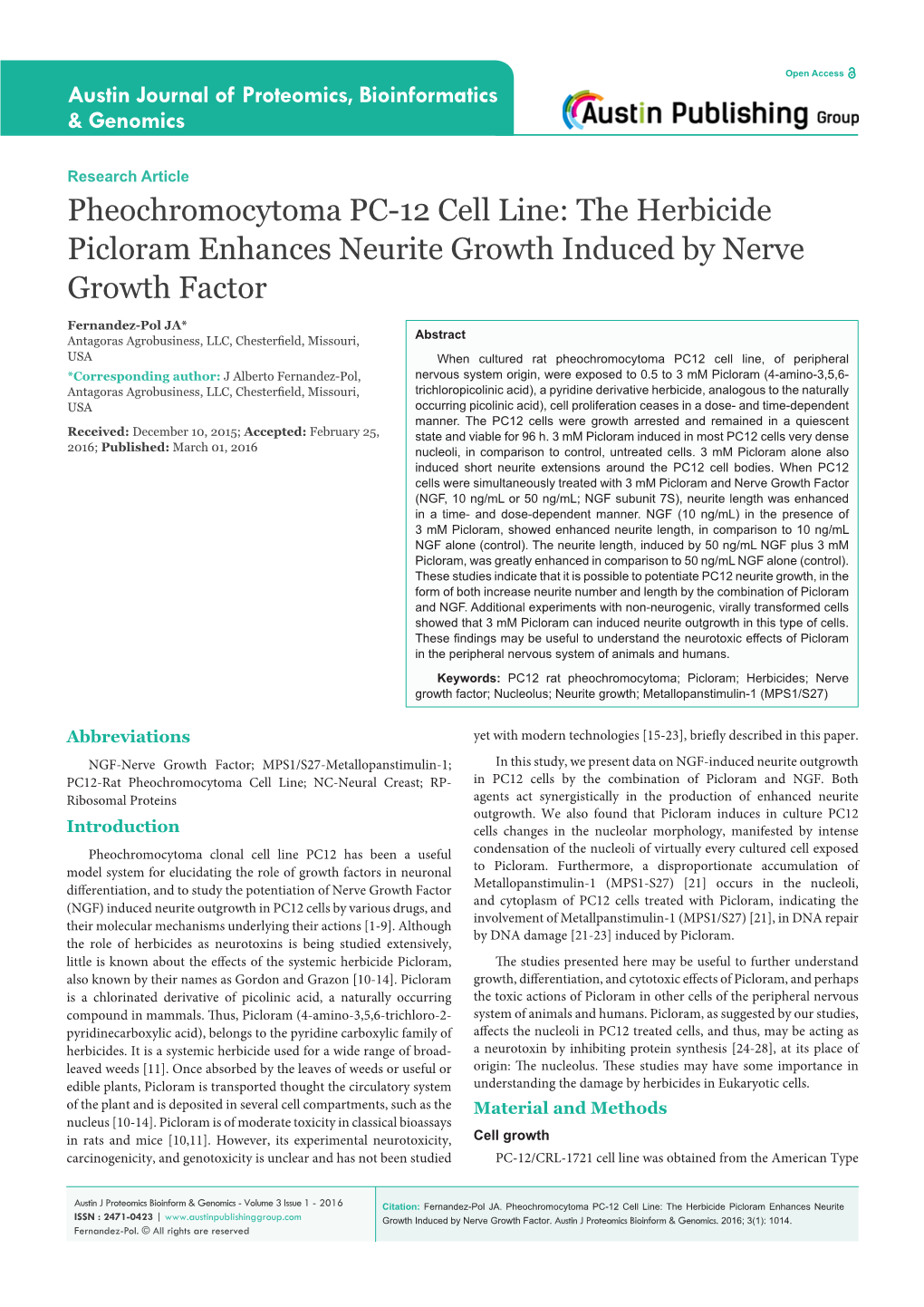 Pheochromocytoma PC-12 Cell Line: the Herbicide Picloram Enhances Neurite Growth Induced by Nerve Growth Factor