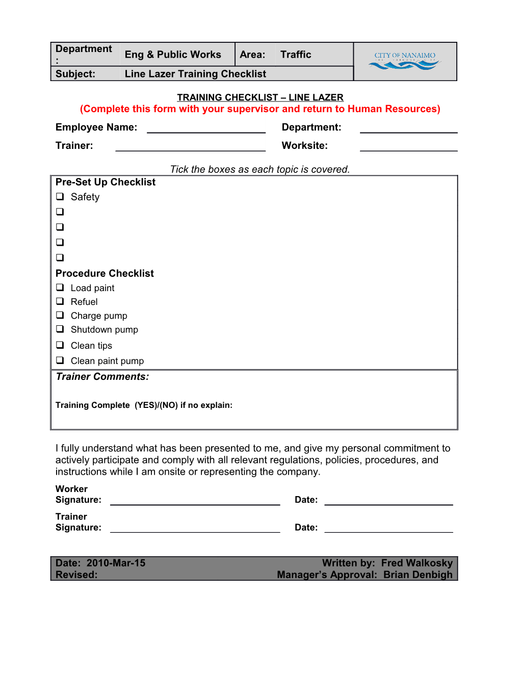 Training Checklist Line Lazer