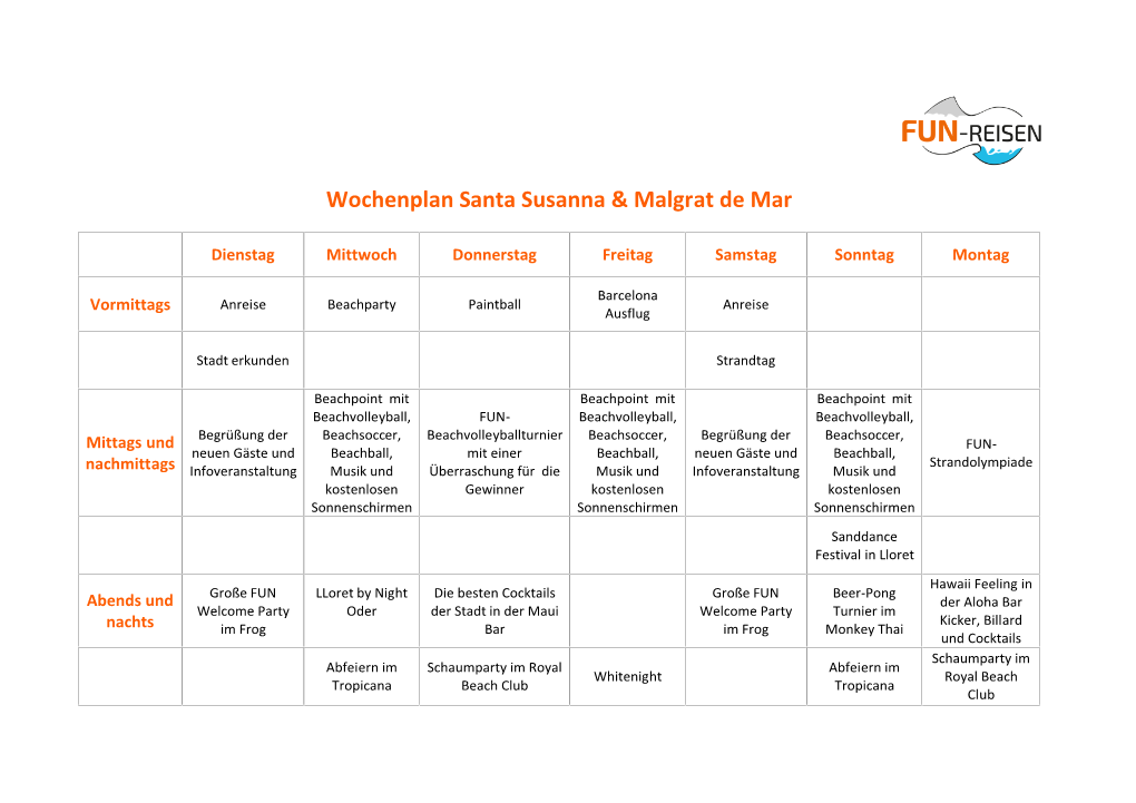 Wochenplan Santa Susanna & Malgrat De