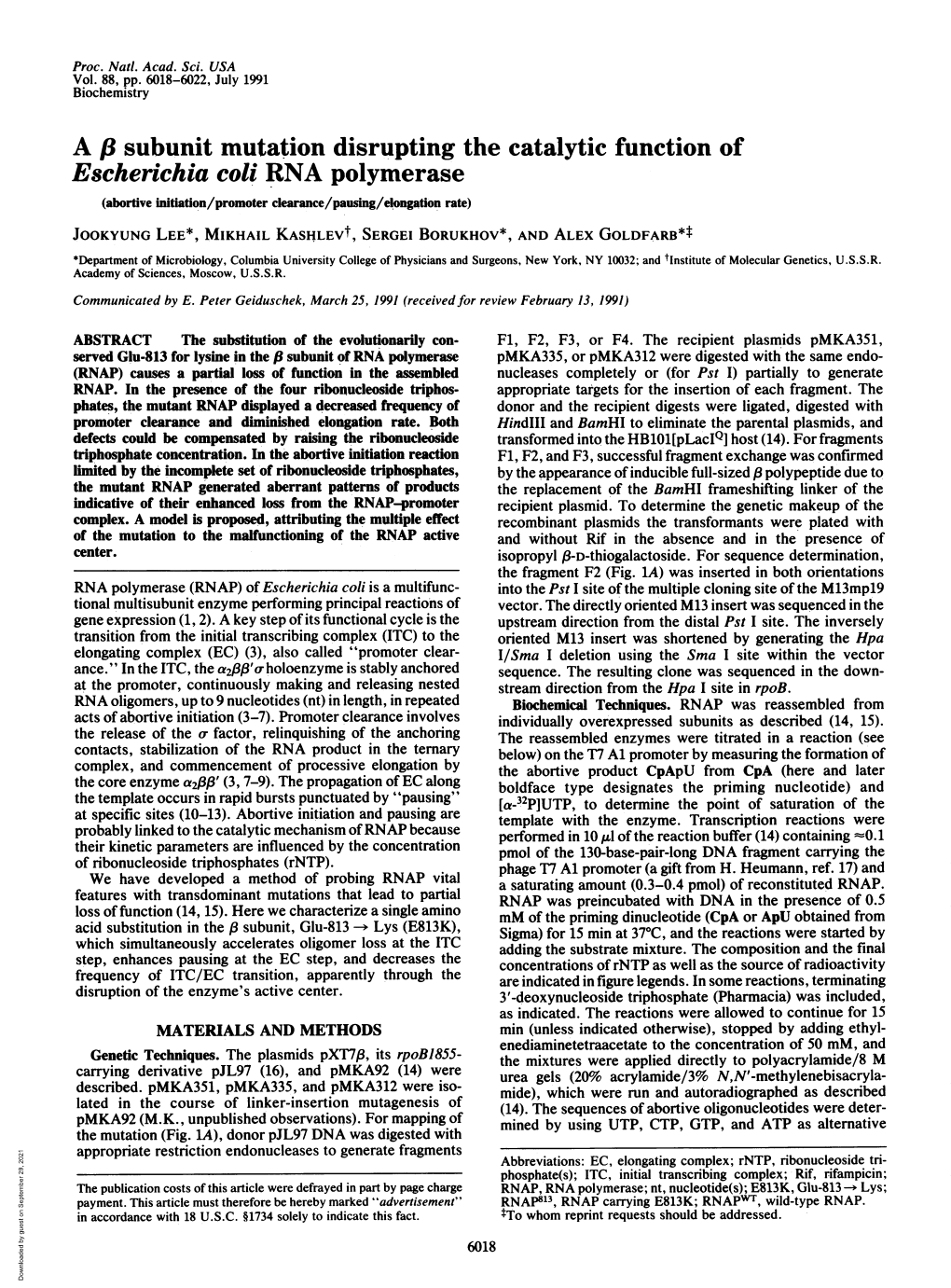 A /8 Subunit Mutation Disrupting the Catalytic Function of Escherichia Coli