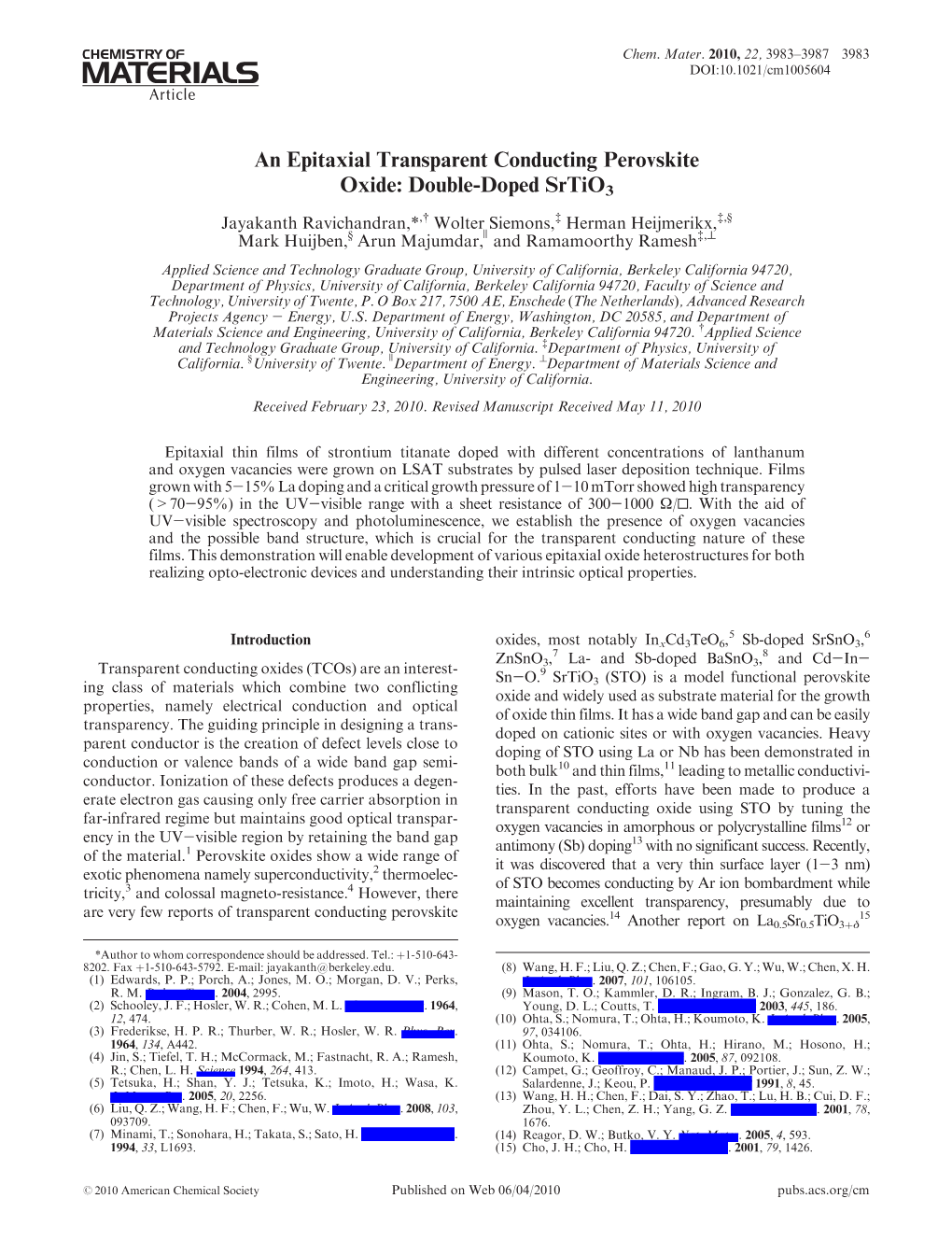 An Epitaxial Transparent Conducting Perovskite Oxide: Double-Doped