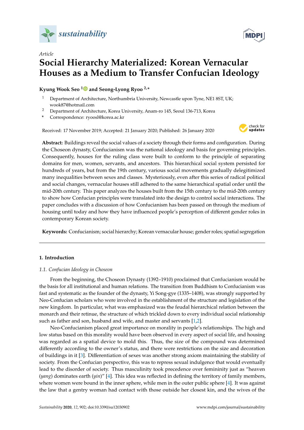 Social Hierarchy Materialized: Korean Vernacular Houses As a Medium to Transfer Confucian Ideology