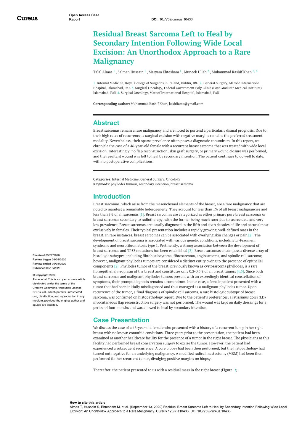 Residual Breast Sarcoma Left to Heal by Secondary Intention Following Wide Local Excision: an Unorthodox Approach to a Rare Malignancy