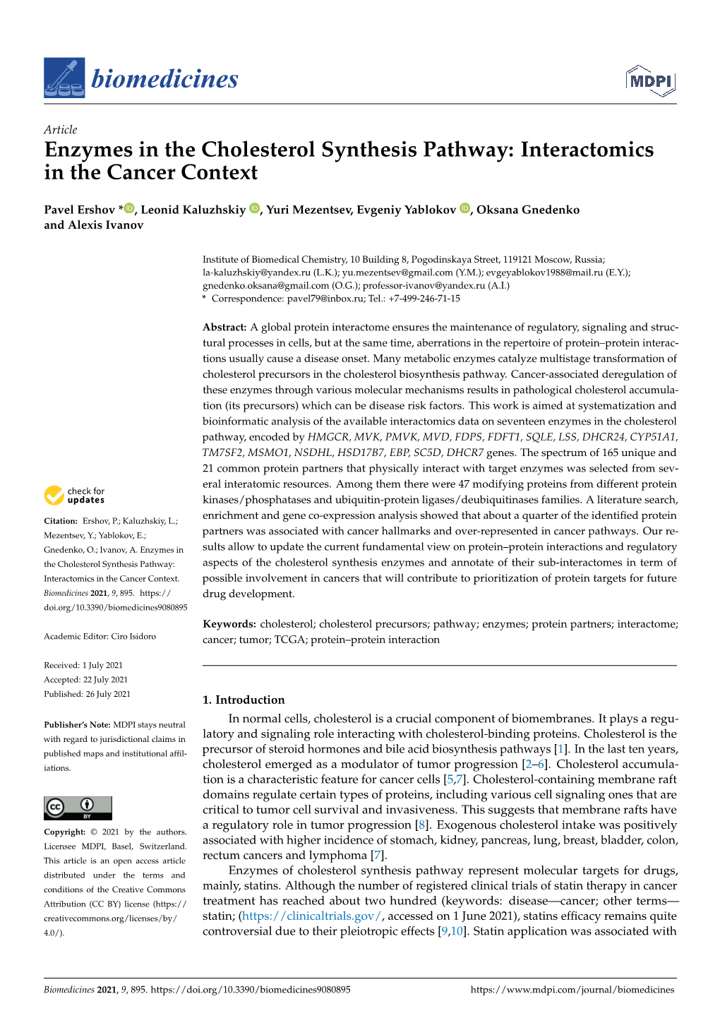 Enzymes in the Cholesterol Synthesis Pathway: Interactomics in the Cancer Context