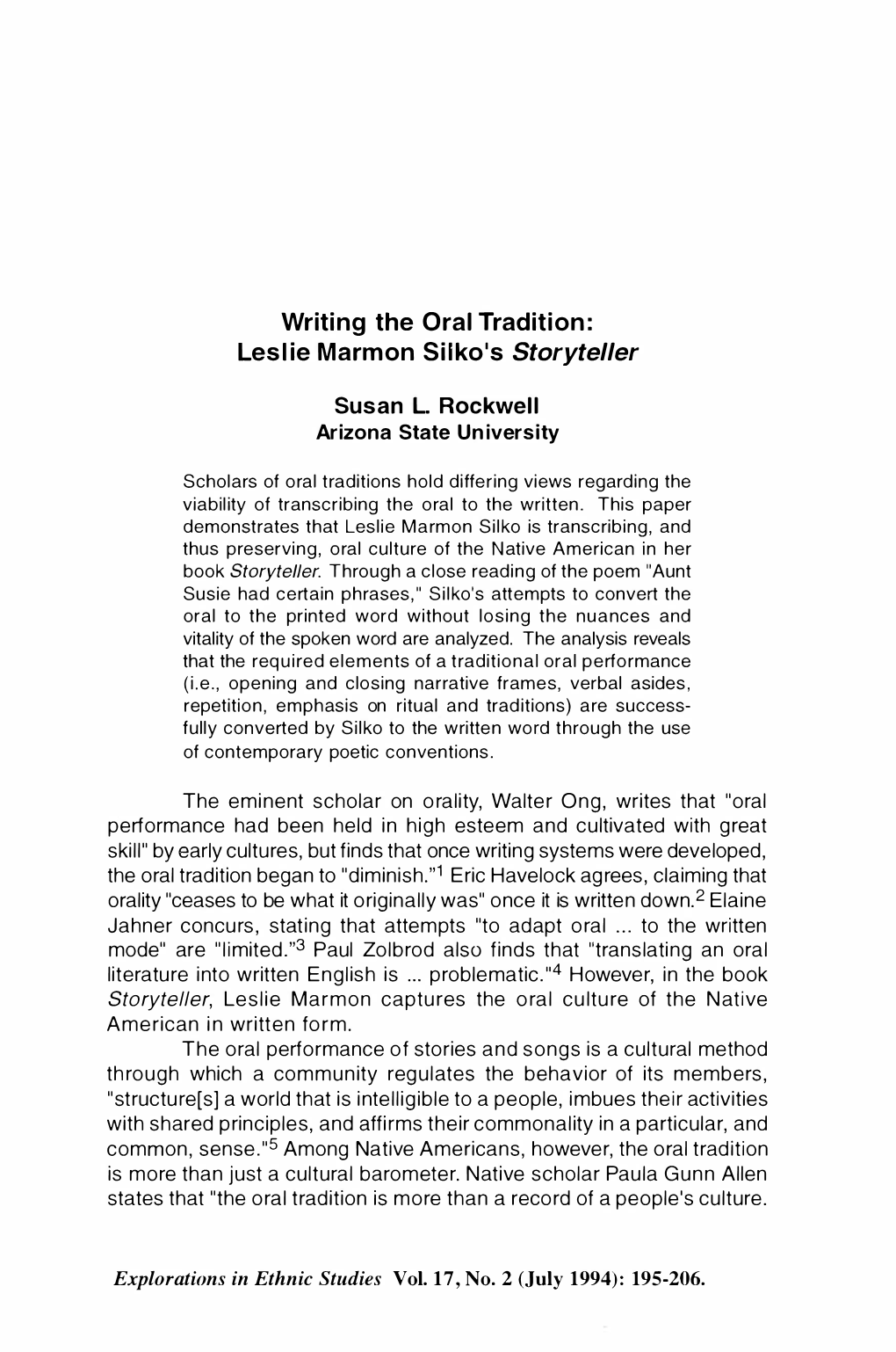 Writing the Oral Tradition: Leslie Marmon Silko's Storyteller