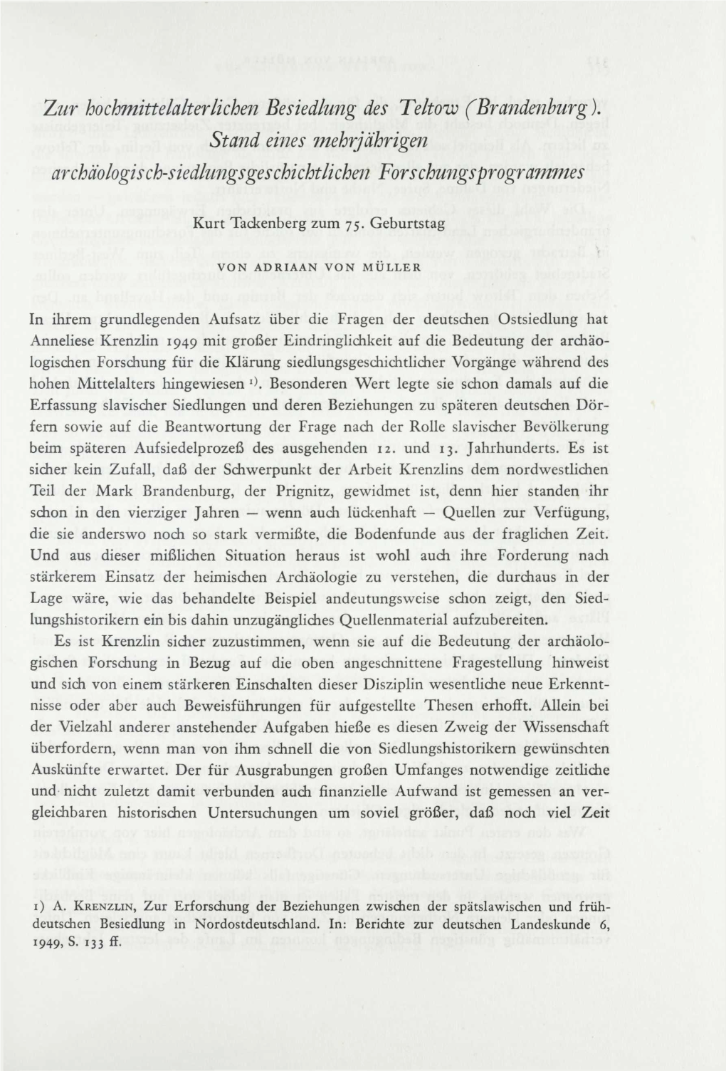 Zur Hochmittelalterlichen Besiedlung Des Teltow (Brandenburg). Stand Eines Mehrjährigen Archäologisch-Siedlungsgeschichtlichen Forschungsprogrammes