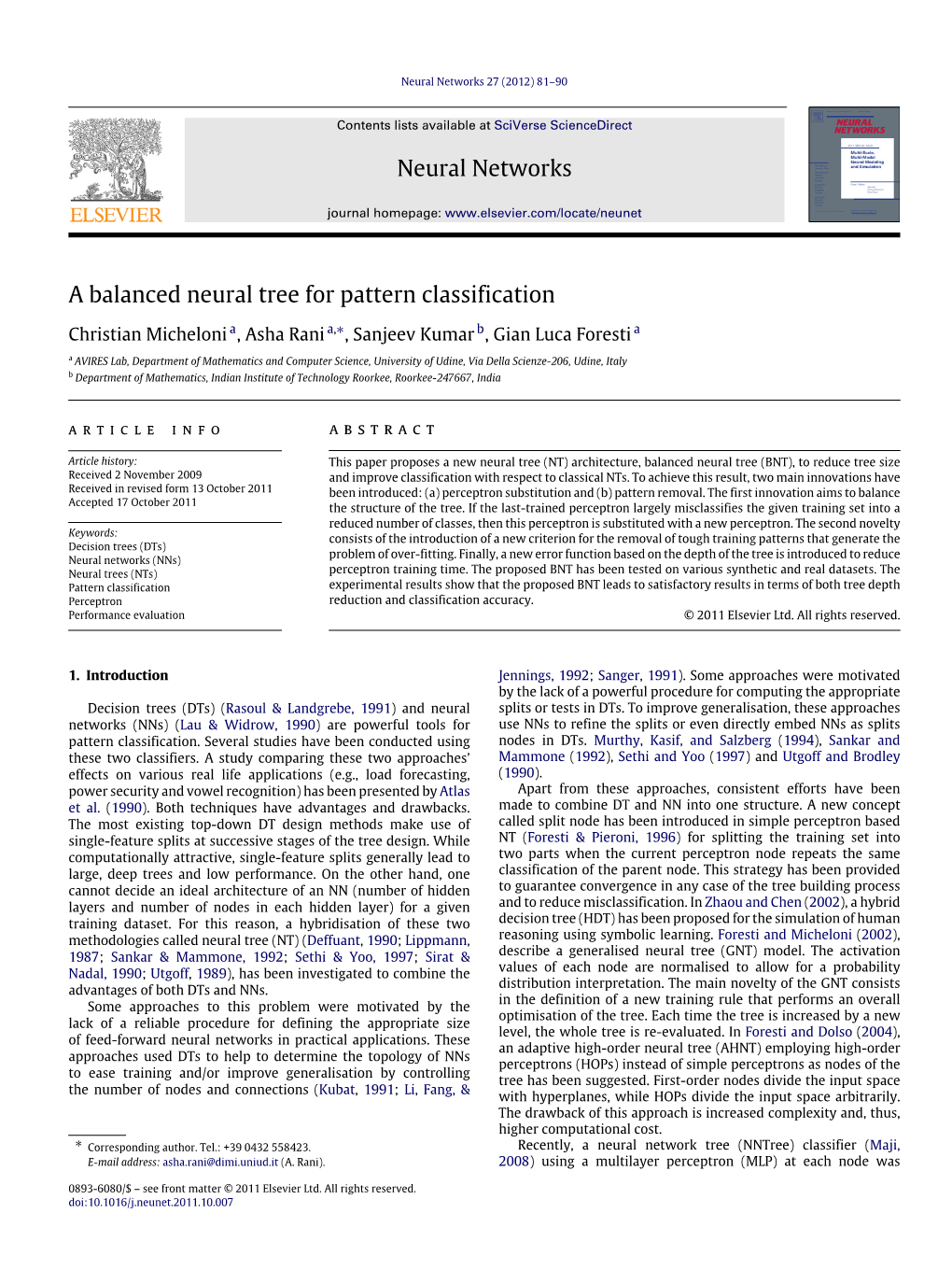 A Balanced Neural Tree for Pattern Classification