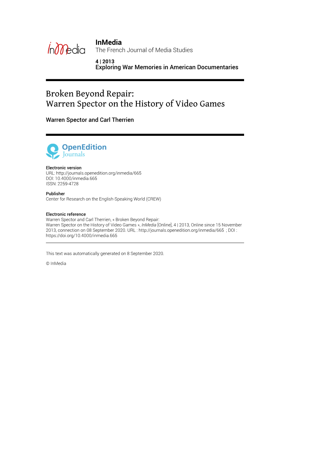 Inmedia, 4 | 2013 Broken Beyond Repair:Warren Spector on the History of Video Games 2