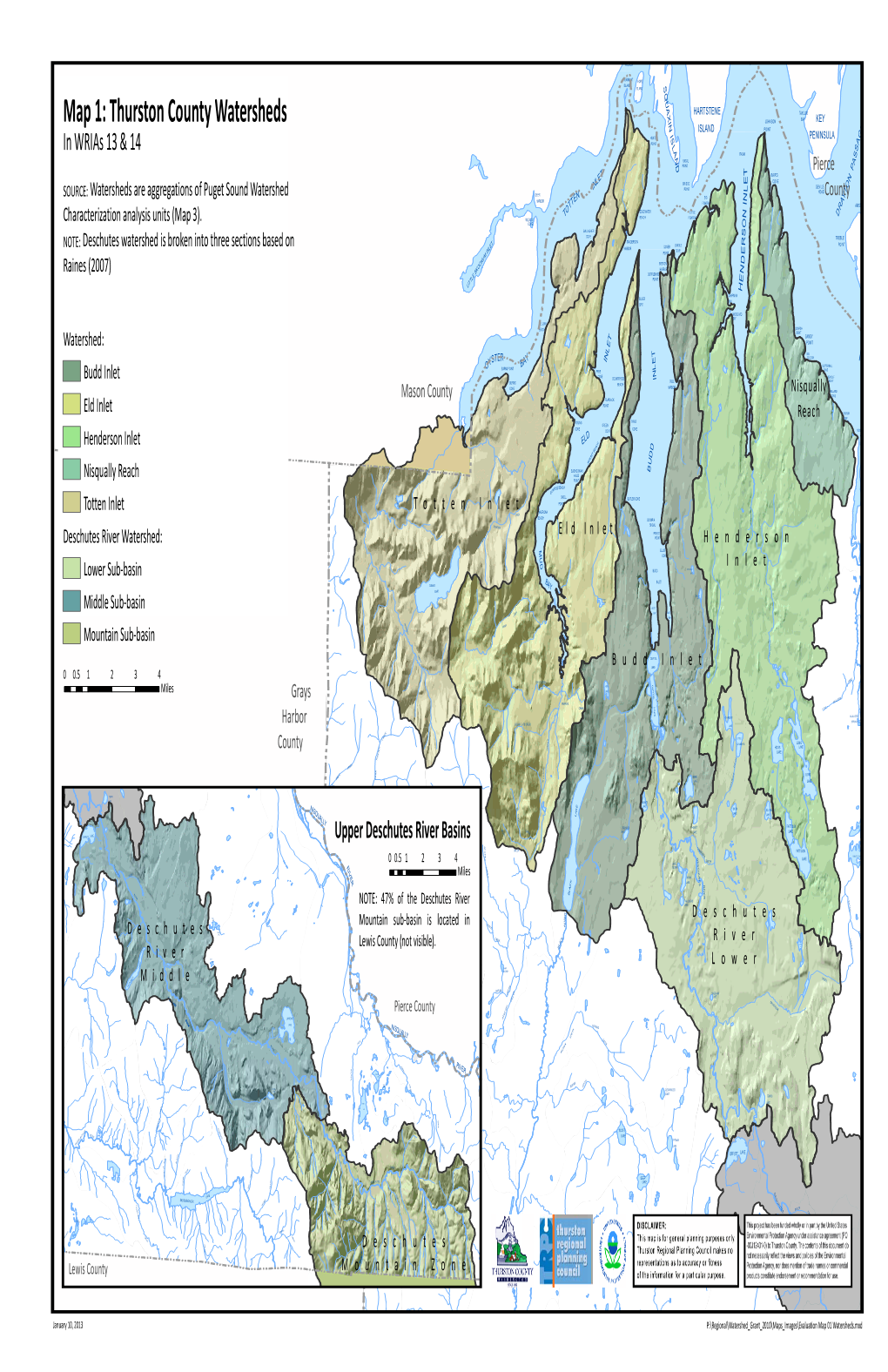 Map 1: Thurston County Watersheds County Thurston 1: Map in Wrias 13 & 14 SOURCE: NOTE: Watershed: 01234 D H January 10, 2013 10, January