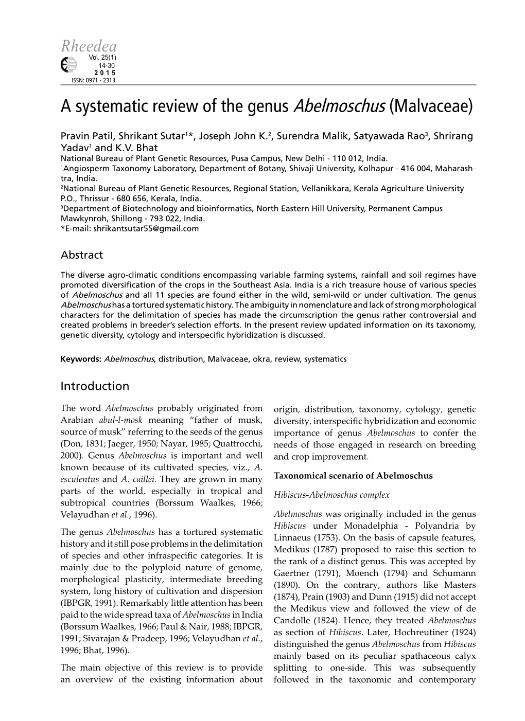 A Systematic Review of the Genus Abelmoschus (Malvaceae)