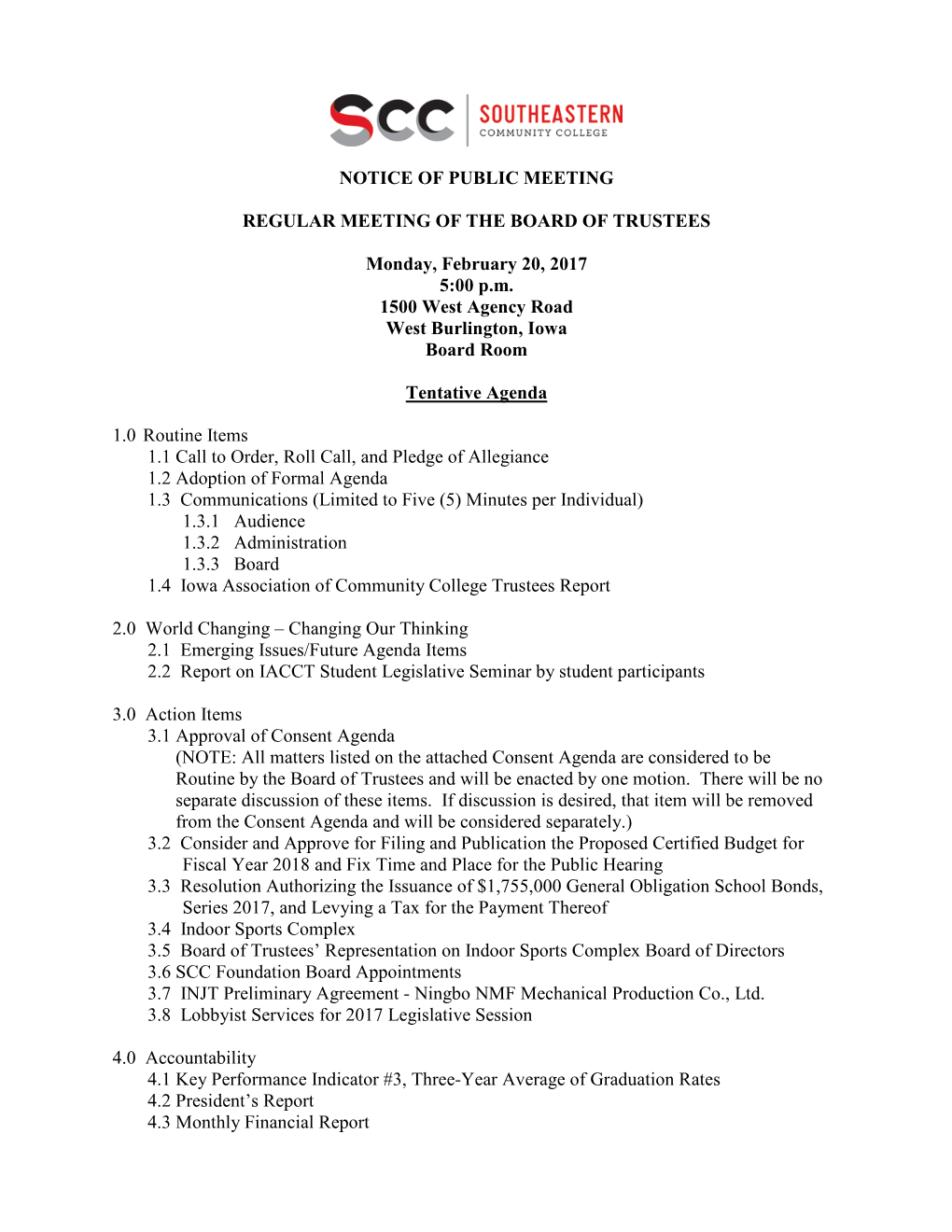 Notice of Public Meeting Regular Meeting of The