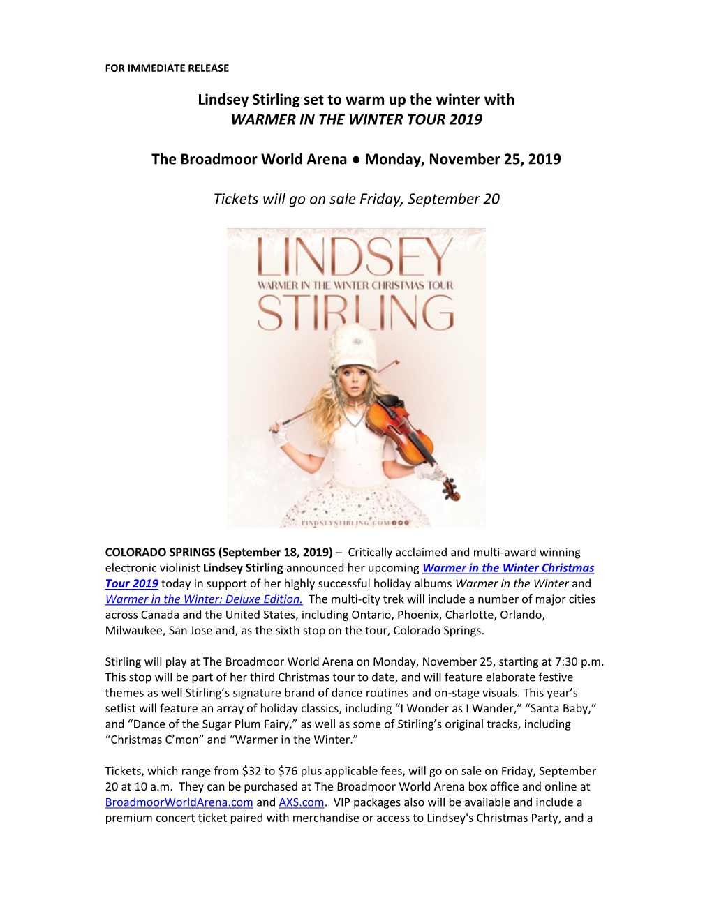 Lindsey Stirling Set to Warm up the Winter with WARMER in the WINTER TOUR 2019