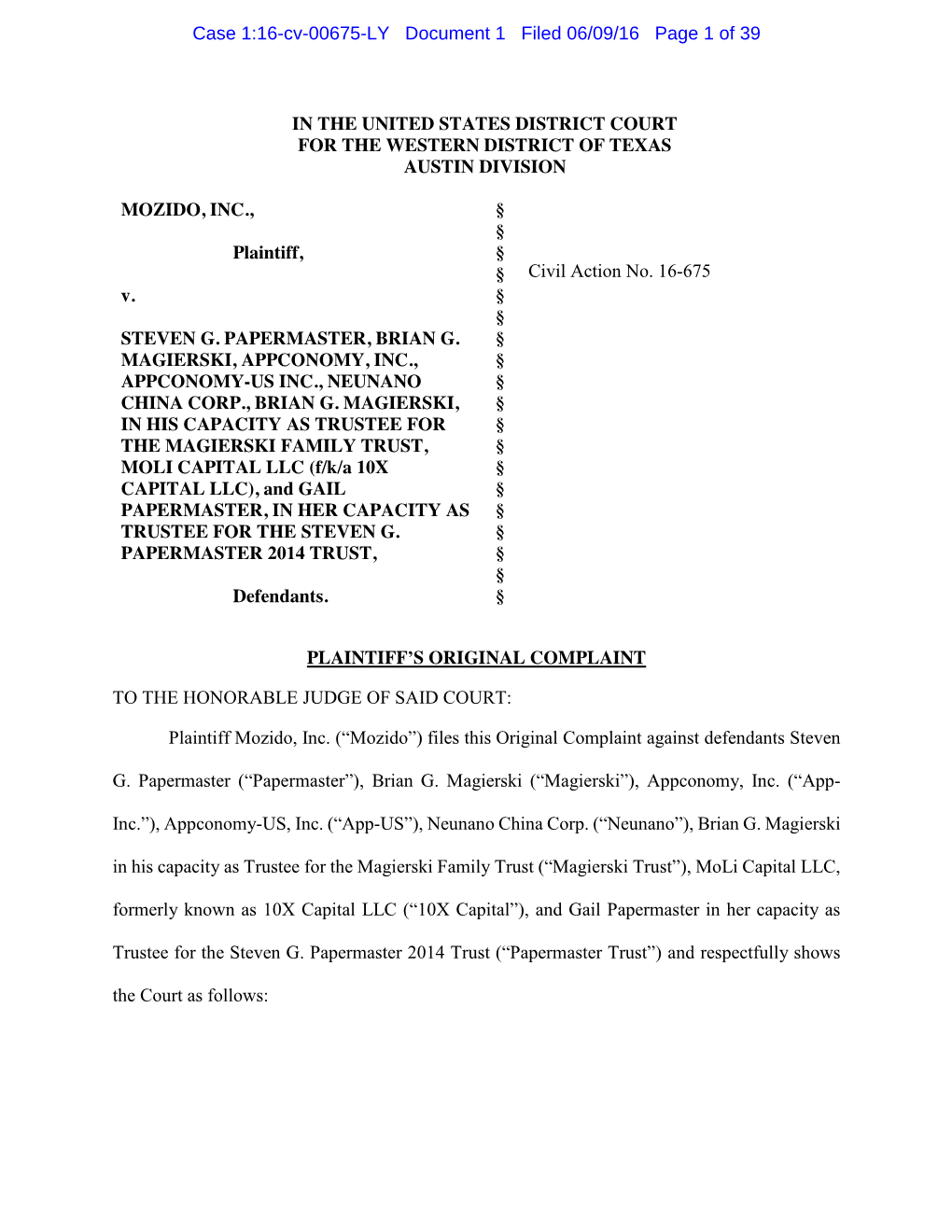 Case 1:16-Cv-00675-LY Document 1 Filed 06/09/16 Page 1 of 39