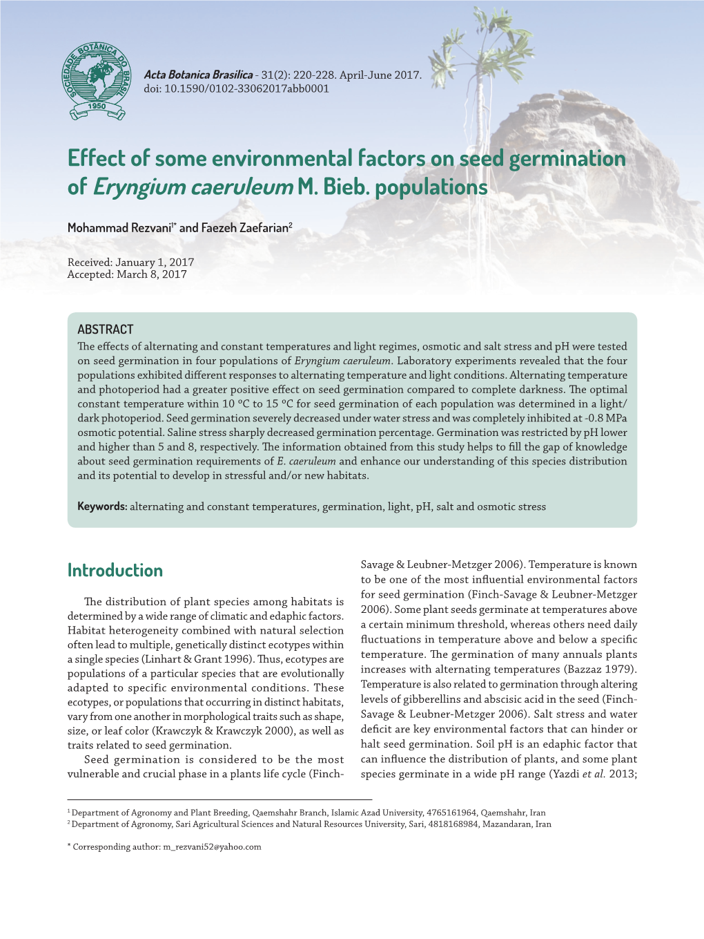 Effect of Some Environmental Factors on Seed Germination of Eryngium Caeruleum M