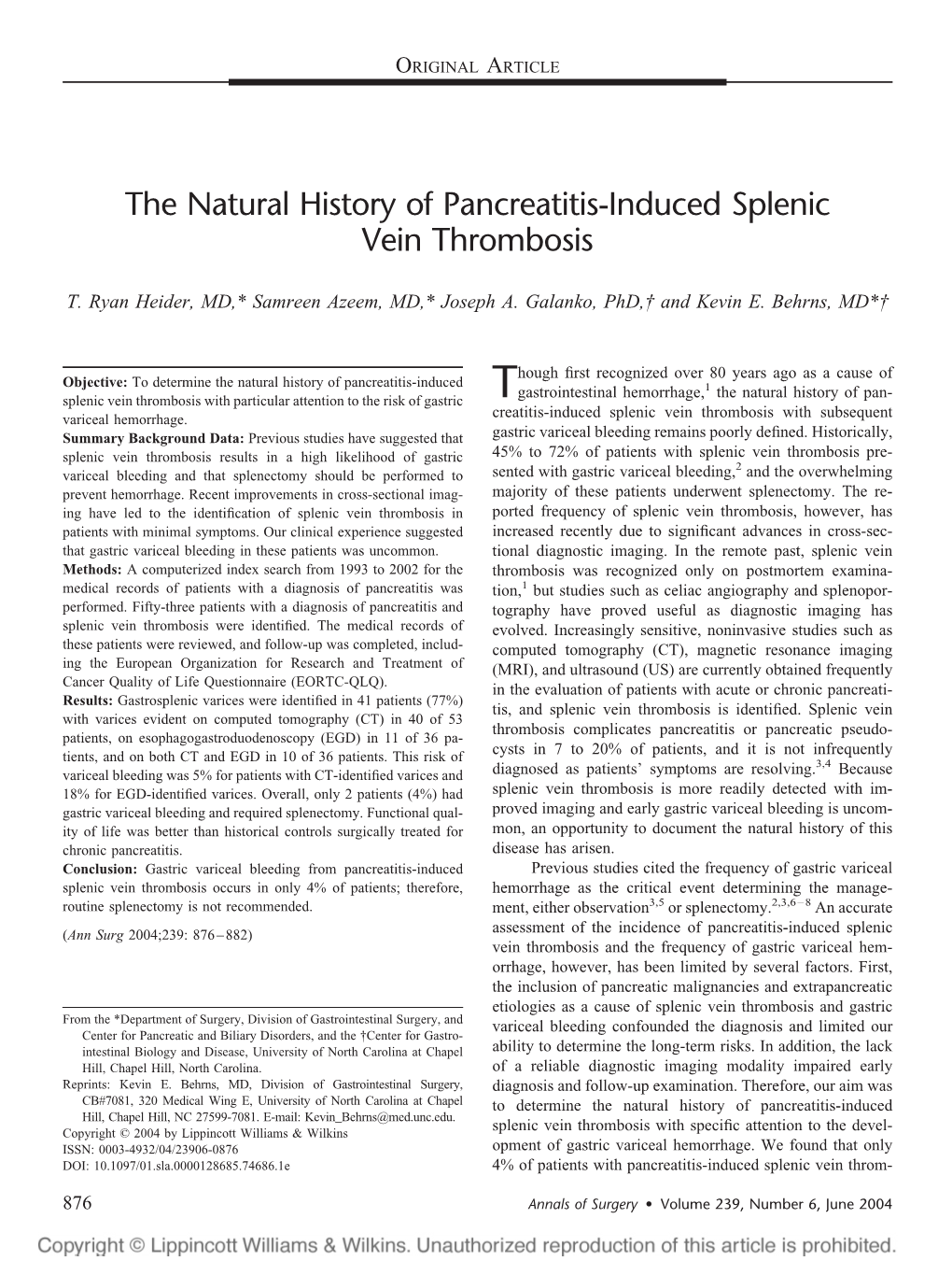 The Natural History of Pancreatitis-Induced Splenic Vein Thrombosis