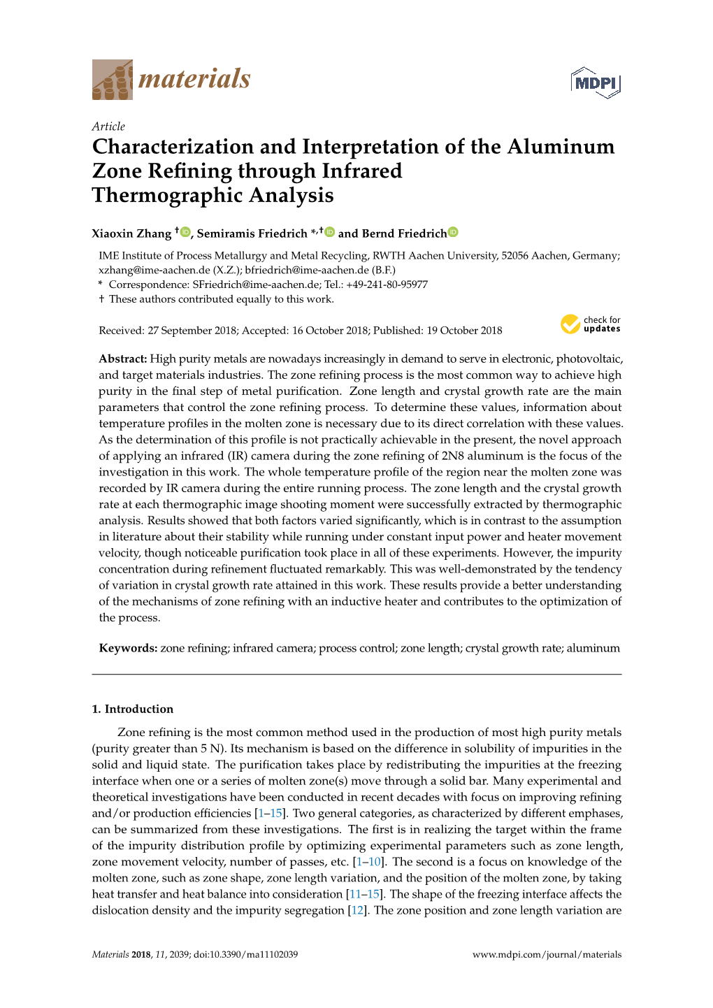 Characterization and Interpretation of the Aluminum Zone Refining