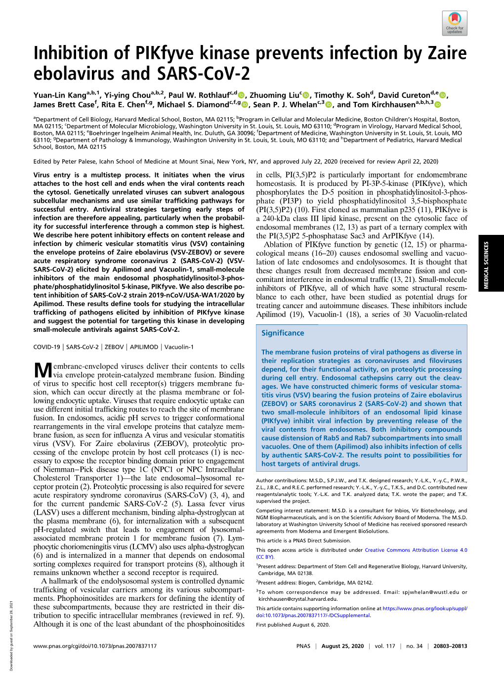 Inhibition of Pikfyve Kinase Prevents Infection by Zaire Ebolavirus and SARS-Cov-2