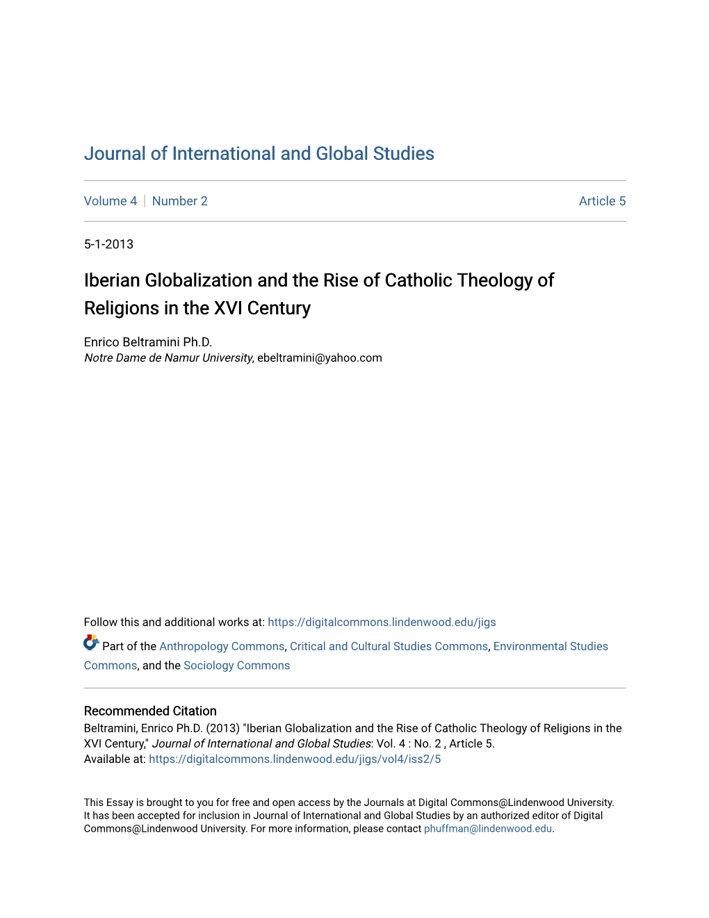 Iberian Globalization and the Rise of Catholic Theology of Religions in the XVI Century