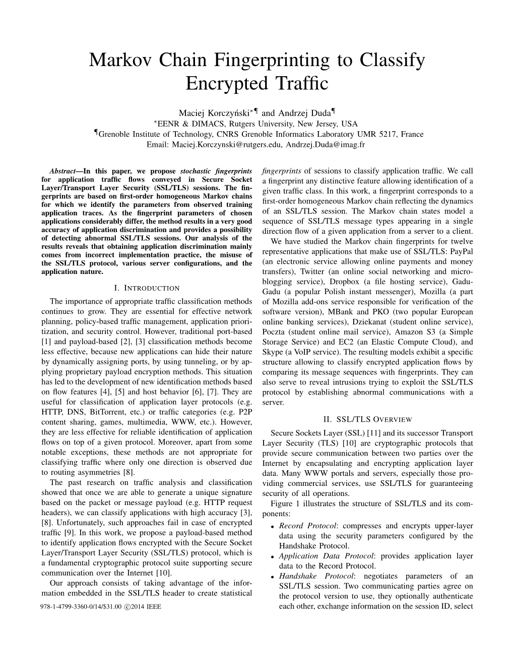 Markov Chain Fingerprinting to Classify Encrypted Traffic