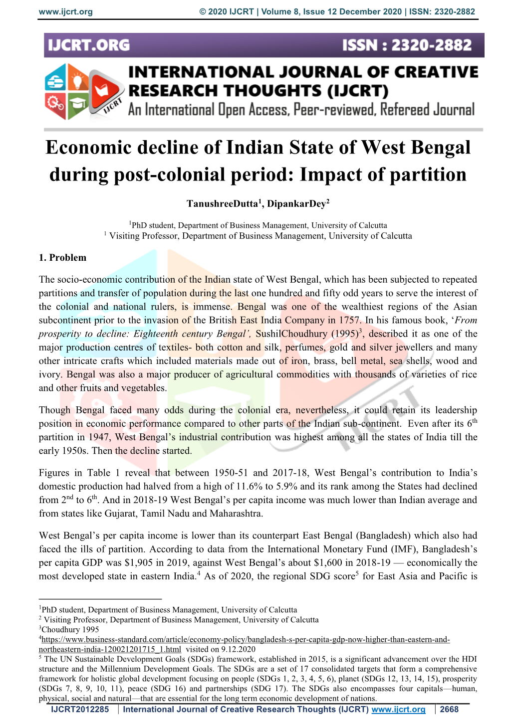 Economic Decline of Indian State of West Bengal During Post-Colonial Period: Impact of Partition