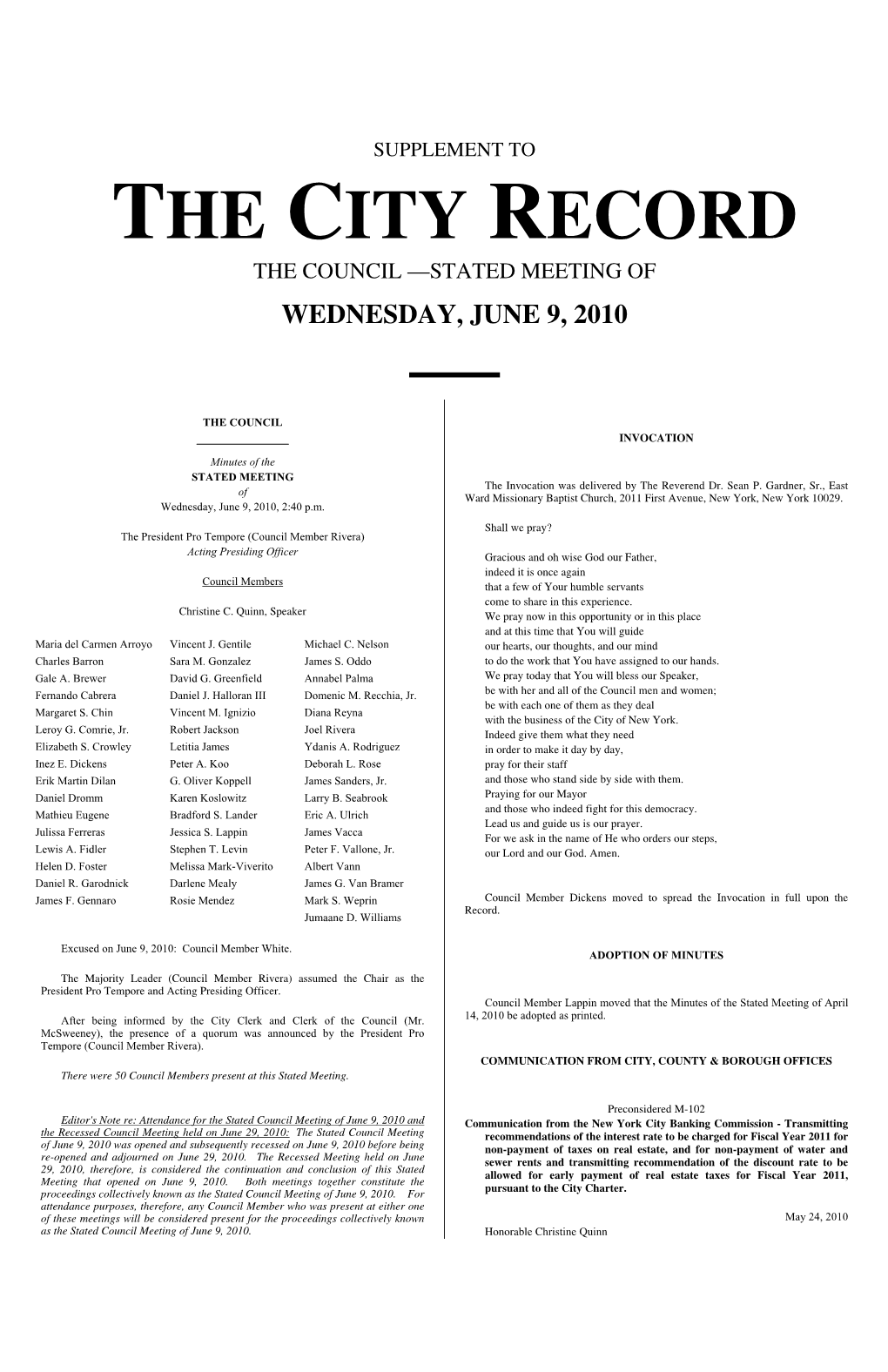 Supplement to the City Record the Council —Stated Meeting of Wednesday, June 9, 2010