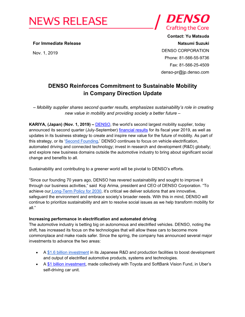 NOV 1 DENSO Reinforces Commitment to Sustainable Mobility