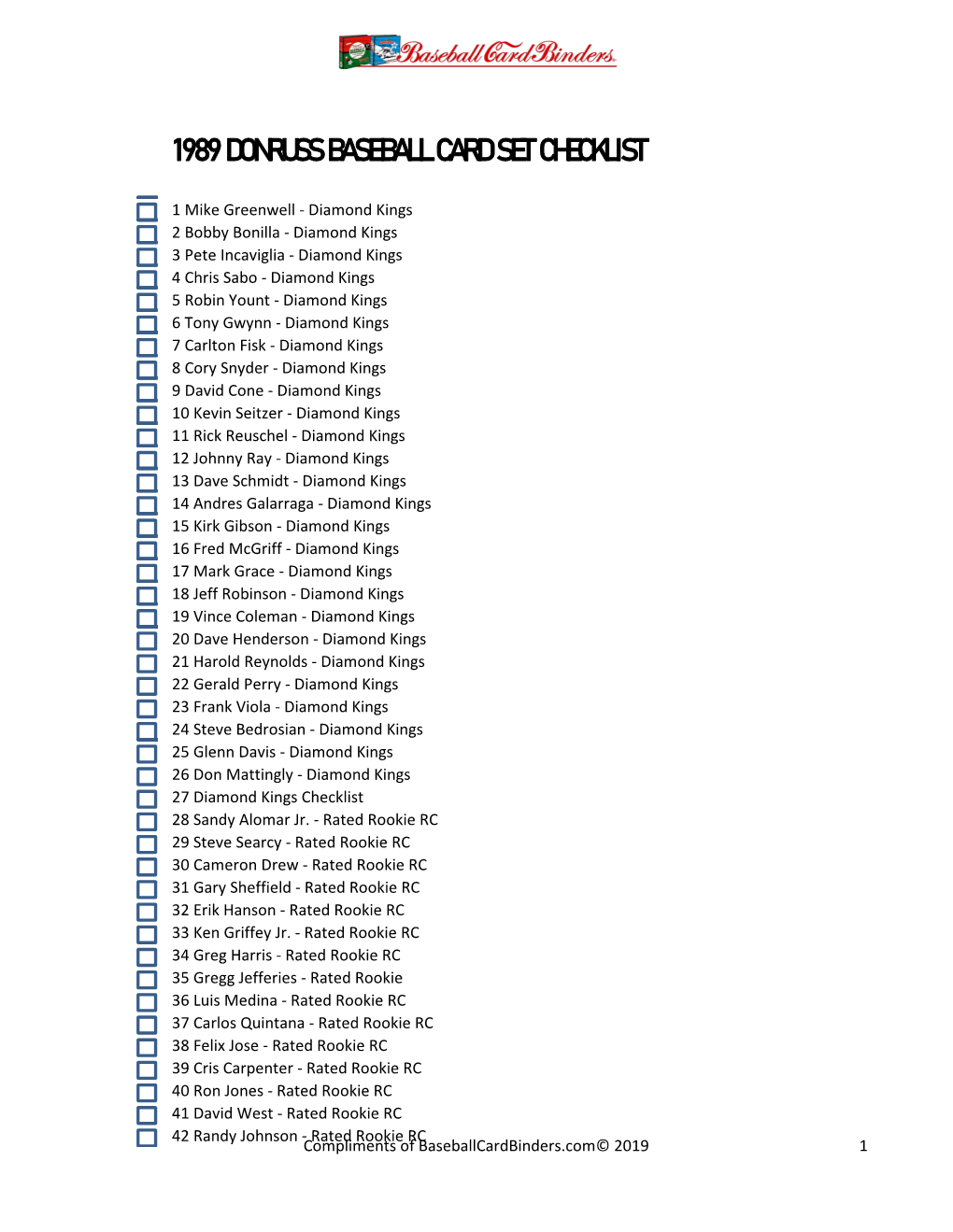 1989 Donruss Baseball Card Set Checklist