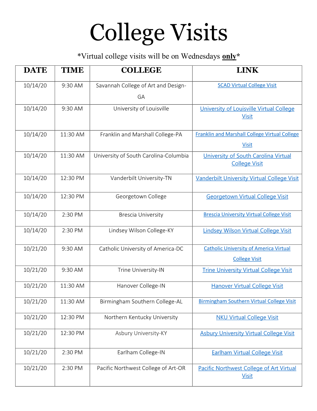 College Visits *Virtual College Visits Will Be on Wednesdays Only* DATE TIME COLLEGE LINK