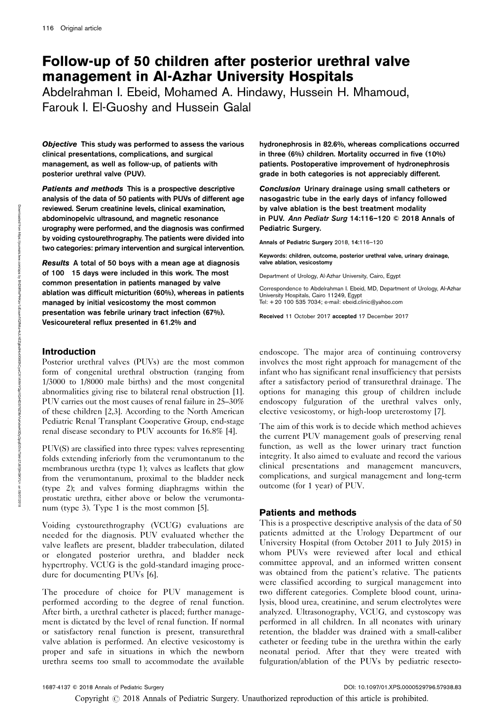 Follow-Up of 50 Children After Posterior Urethral Valve Management in Al